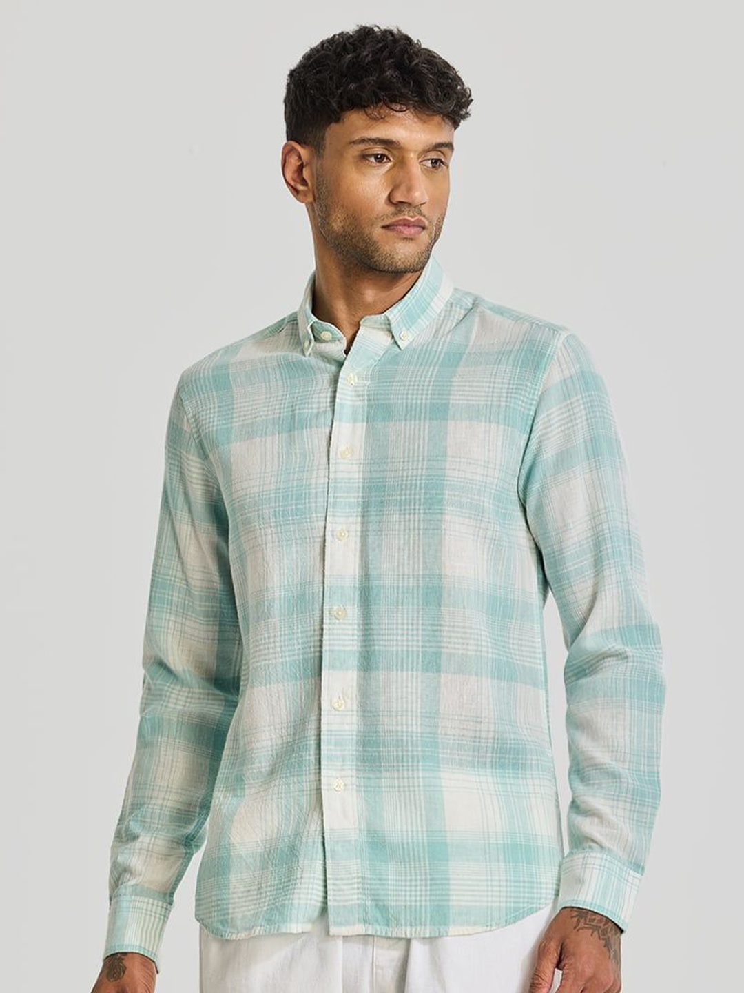 

Snitch Men Smart Button-Down Collar Tartan Checked Linen Casual Shirt, Green
