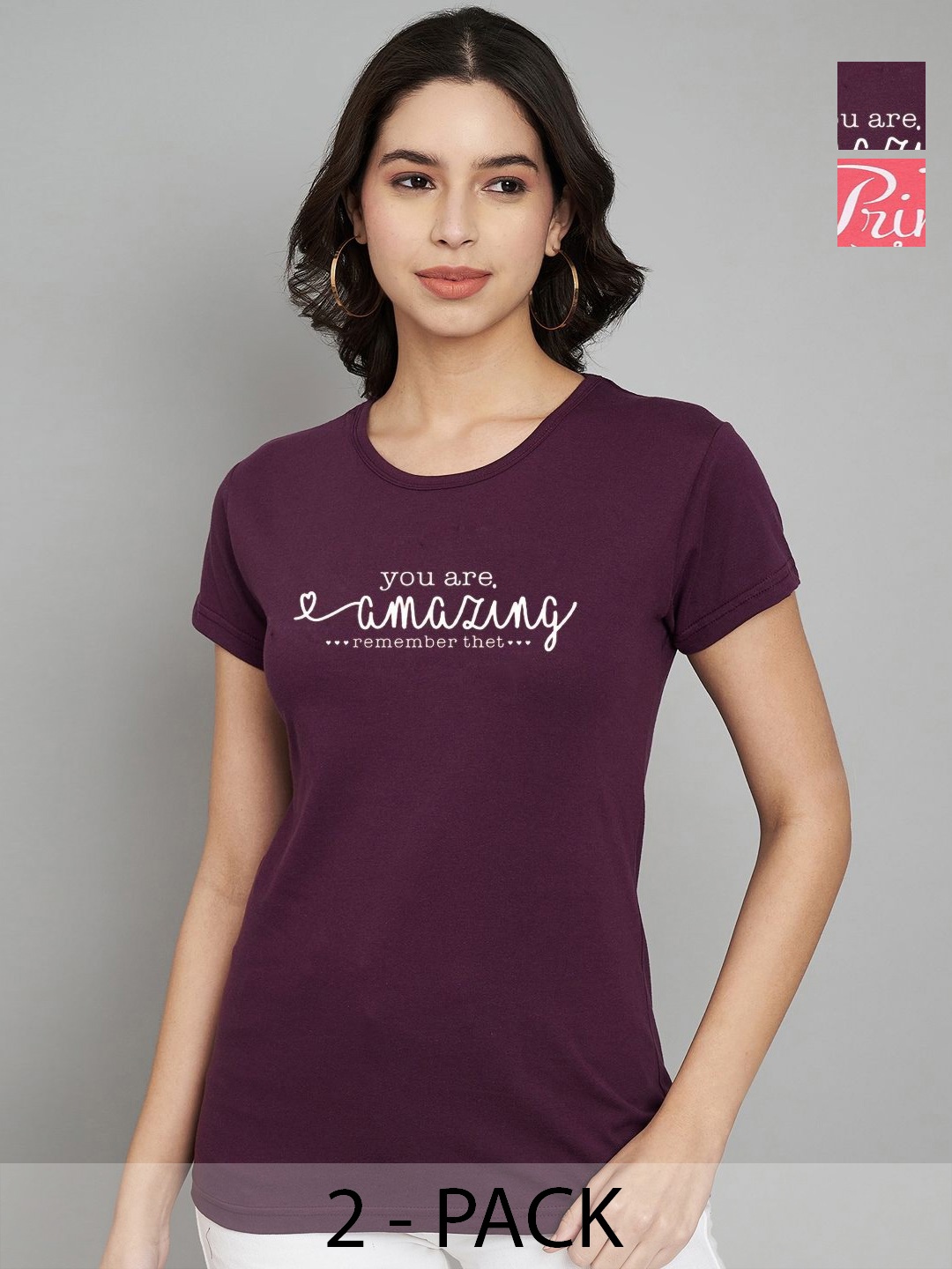 

Trend Level Women Pack Of 2 Typography Printed Round Neck Cotton T-shirts, Burgundy