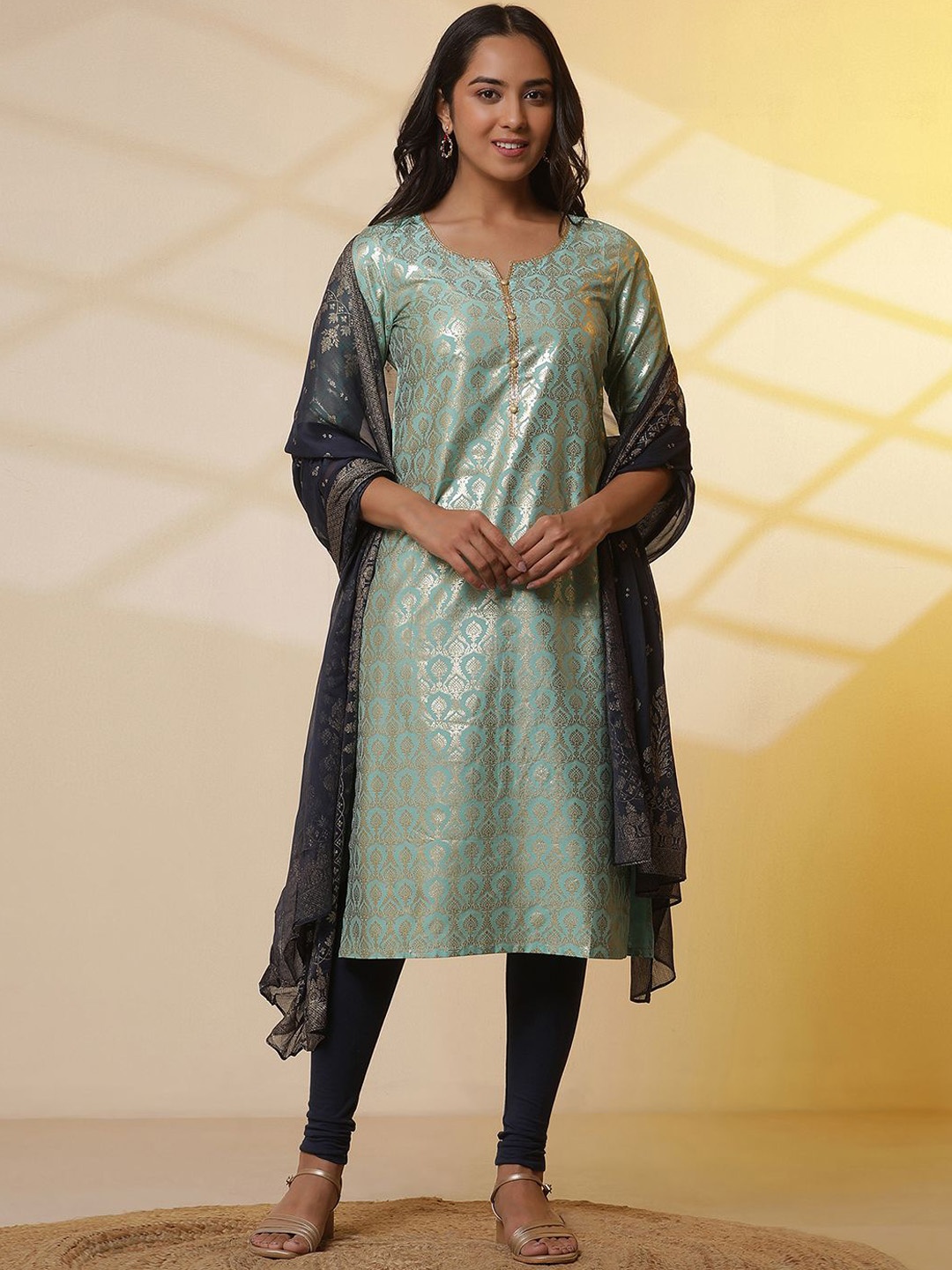 

AURELIA Ethnic Motifs Woven Design Notch Neck Straight Kurta With Leggings and Dupatta, Green