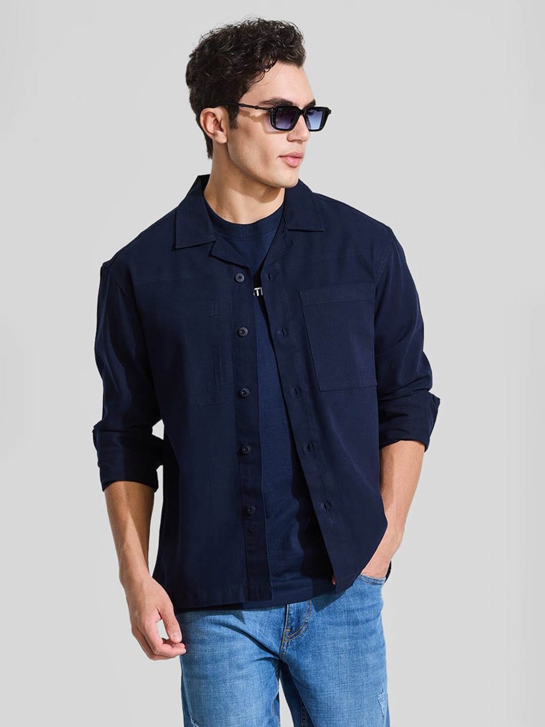 

Snitch Men Smart Cuban Collar Solid Cotton Casual Shirt, Navy blue