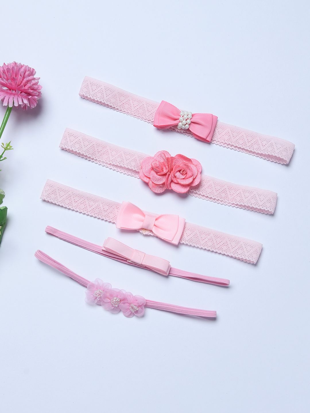 

FUNKRAFTS Girls Set of 5 Embellished Bow And Floral Hairbands, Pink