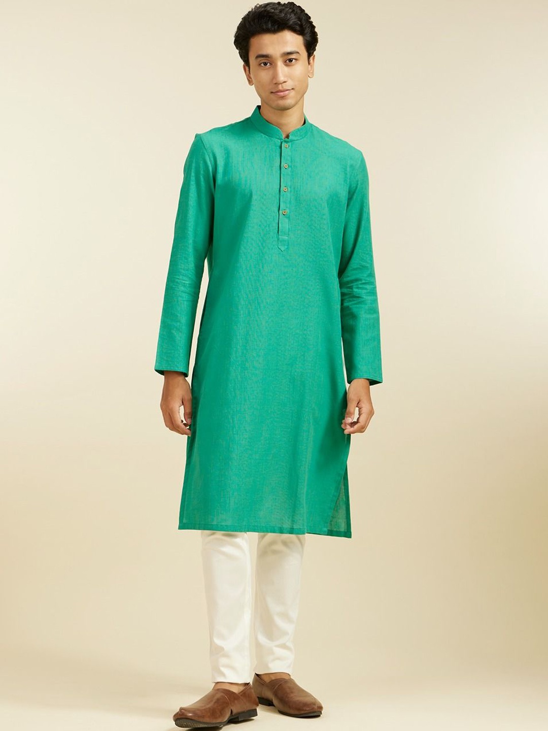 

Diwas by Manyavar Mandarin Collar Cotton Straight Kurta, Green