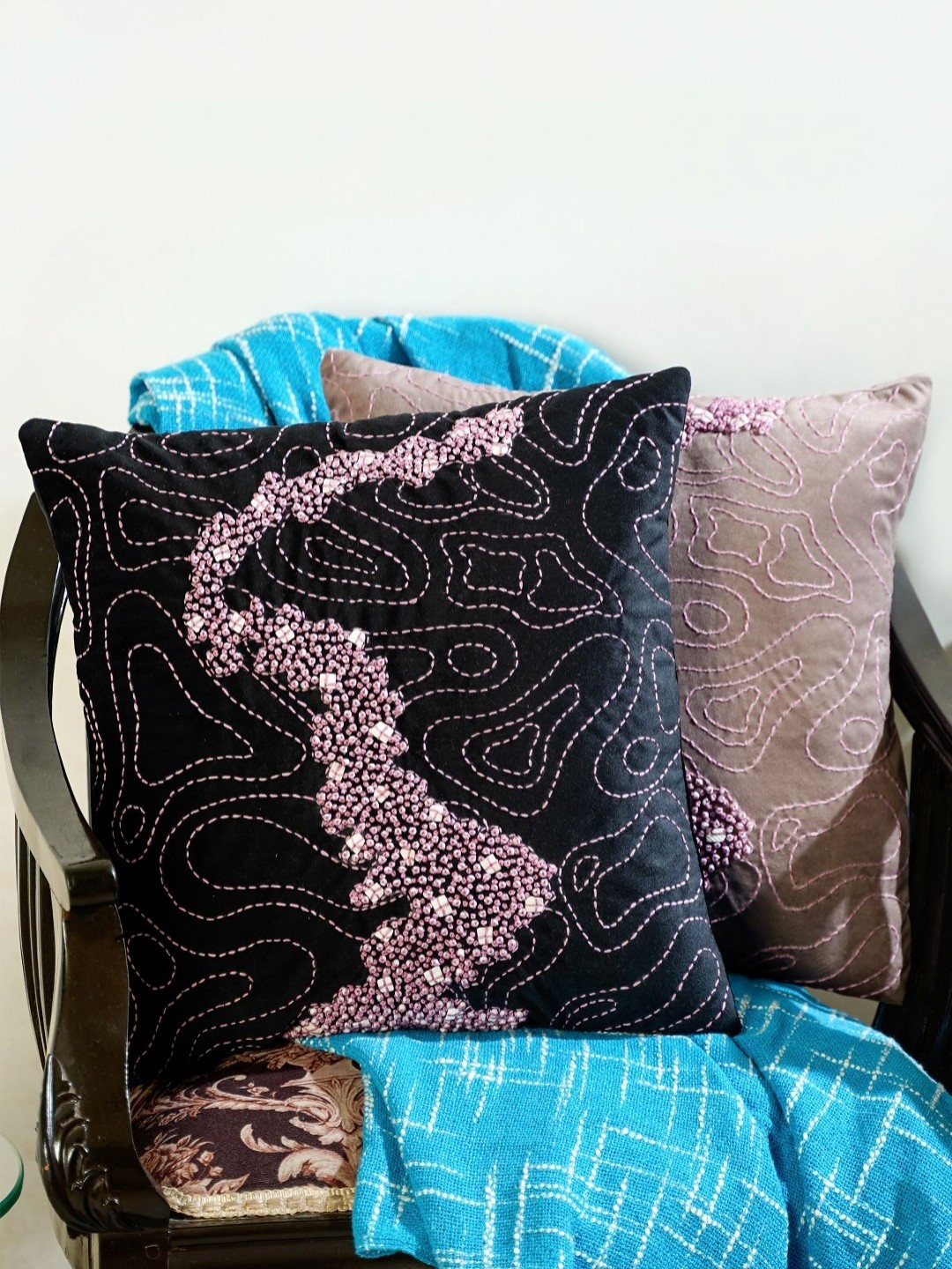 

Mid July Home Beige & Black 2 Pieces Abstract Velvet Square Cushion Covers