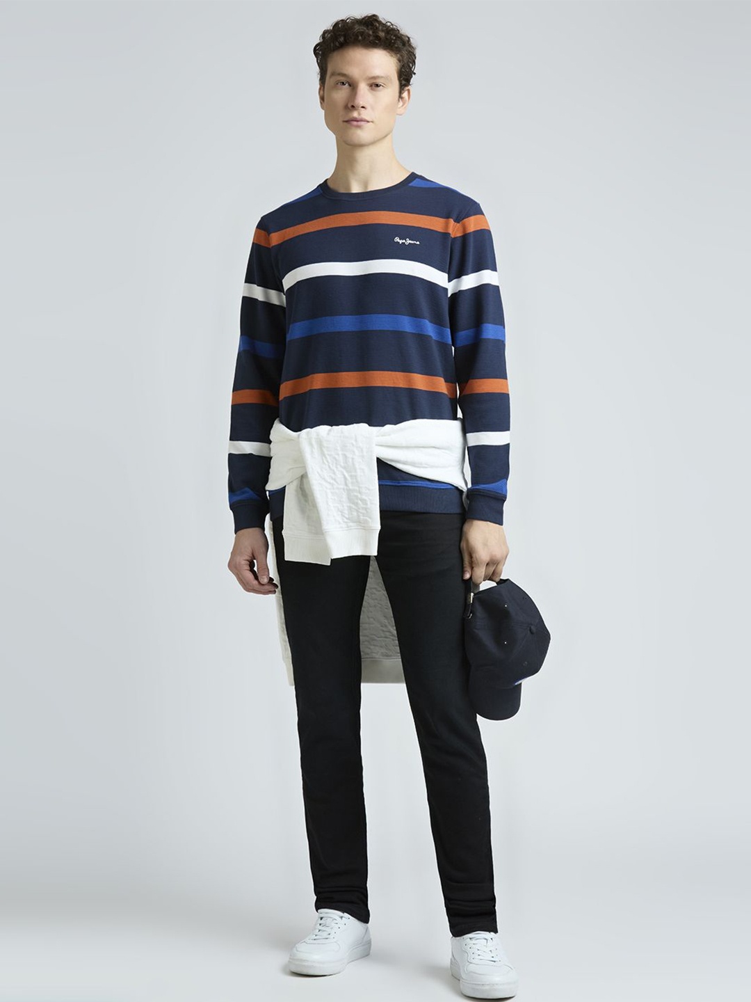 

Pepe Jeans Men Striped Round Neck Cotton Pullover Sweatshirt, Navy blue