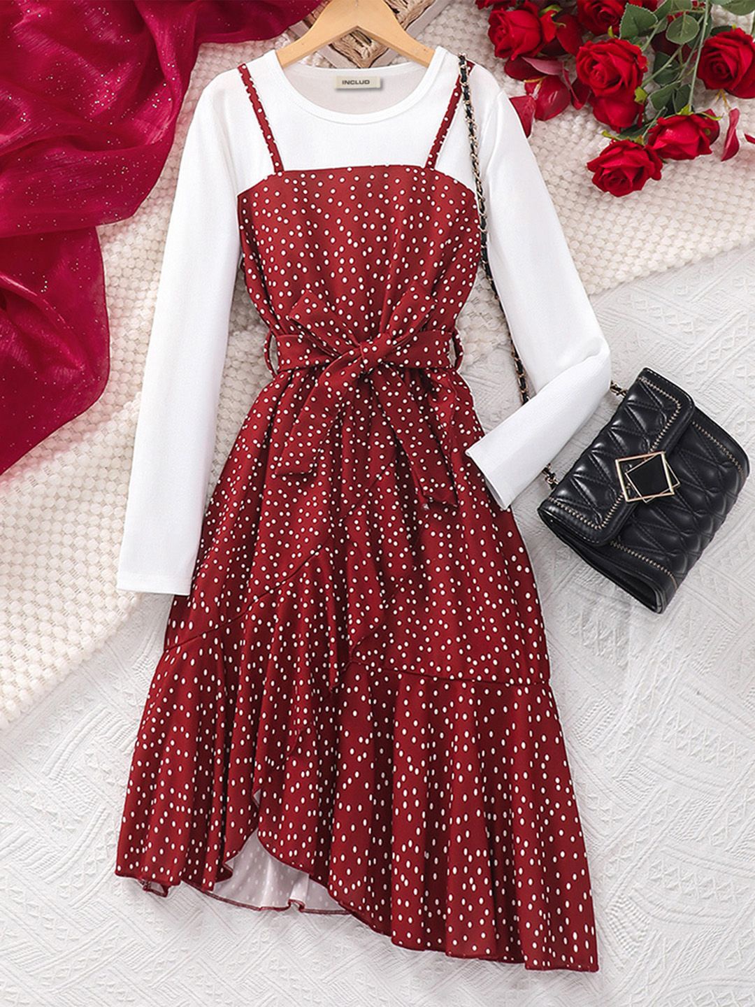 

INCLUD Girls Polka Dot Printed Fit & Flare Midi Dress, Red