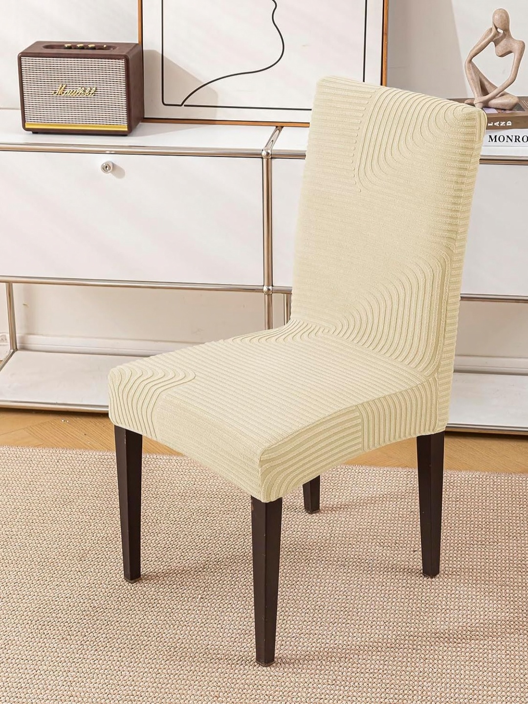

HOUSE OF QUIRK Cream-Colored 2 Pieces Self Design Jacquard Removable Chair Covers