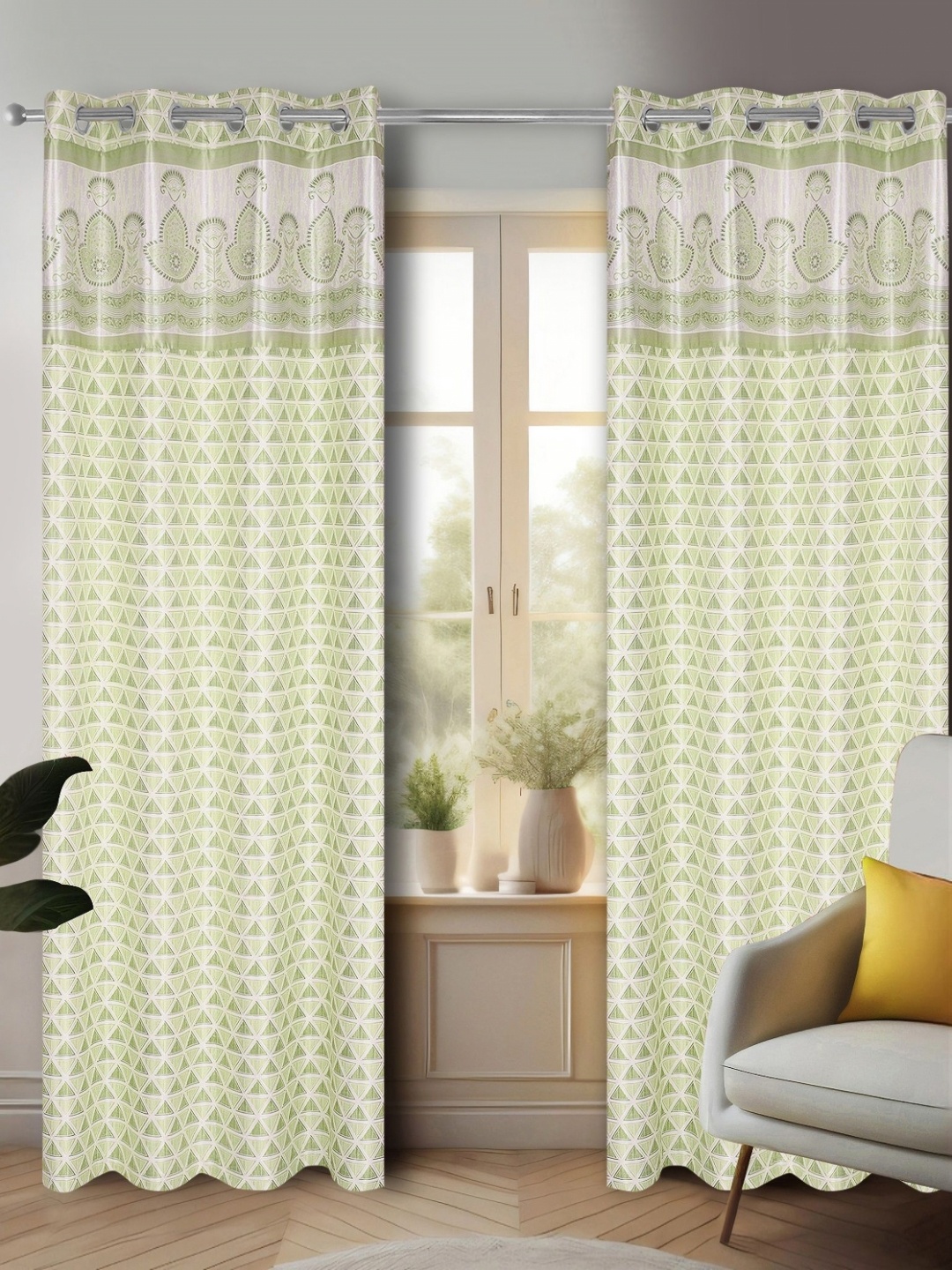 

REYANSH DECOR Green & White 2 Pieces Floral Room Darkening Window Curtains