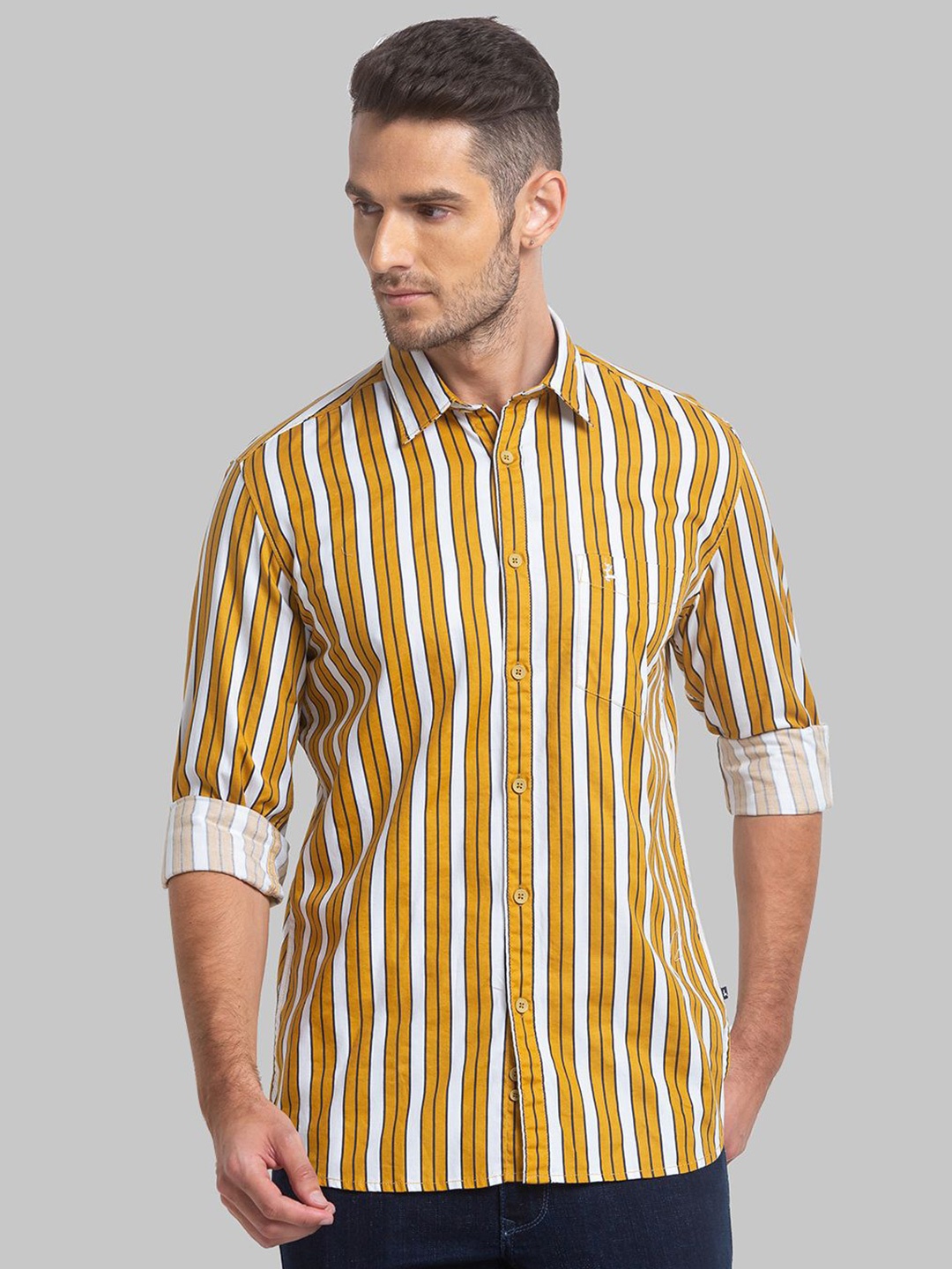 

Parx Men Cutaway Collar Vertical Striped Cotton Slim Fit Casual Shirt, Yellow