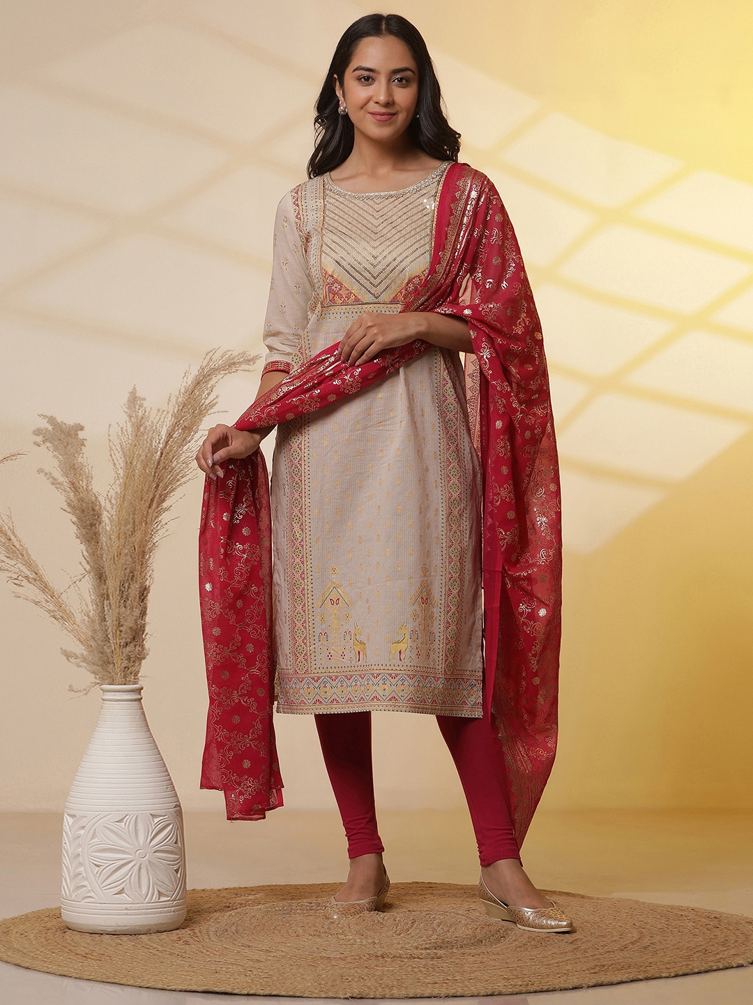 

AURELIA Ethnic Motifs Printed Sequinned Pure Cotton Kurta With Leggings and Dupatta, Beige