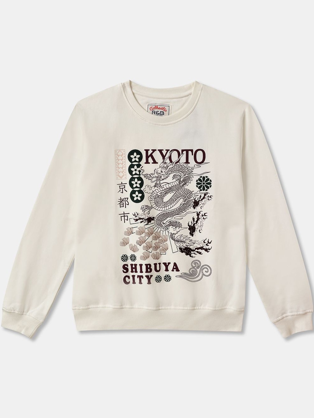 

R&B Girls Graphic Printed Round Neck Cotton Pullover Sweatshirt, White