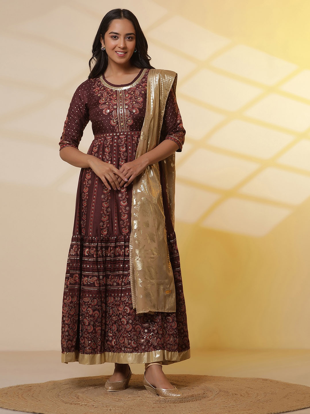 

AURELIA Ethnic Motifs Printed Sequinned Tiered Kurta With Leggings and Dupatta, Brown
