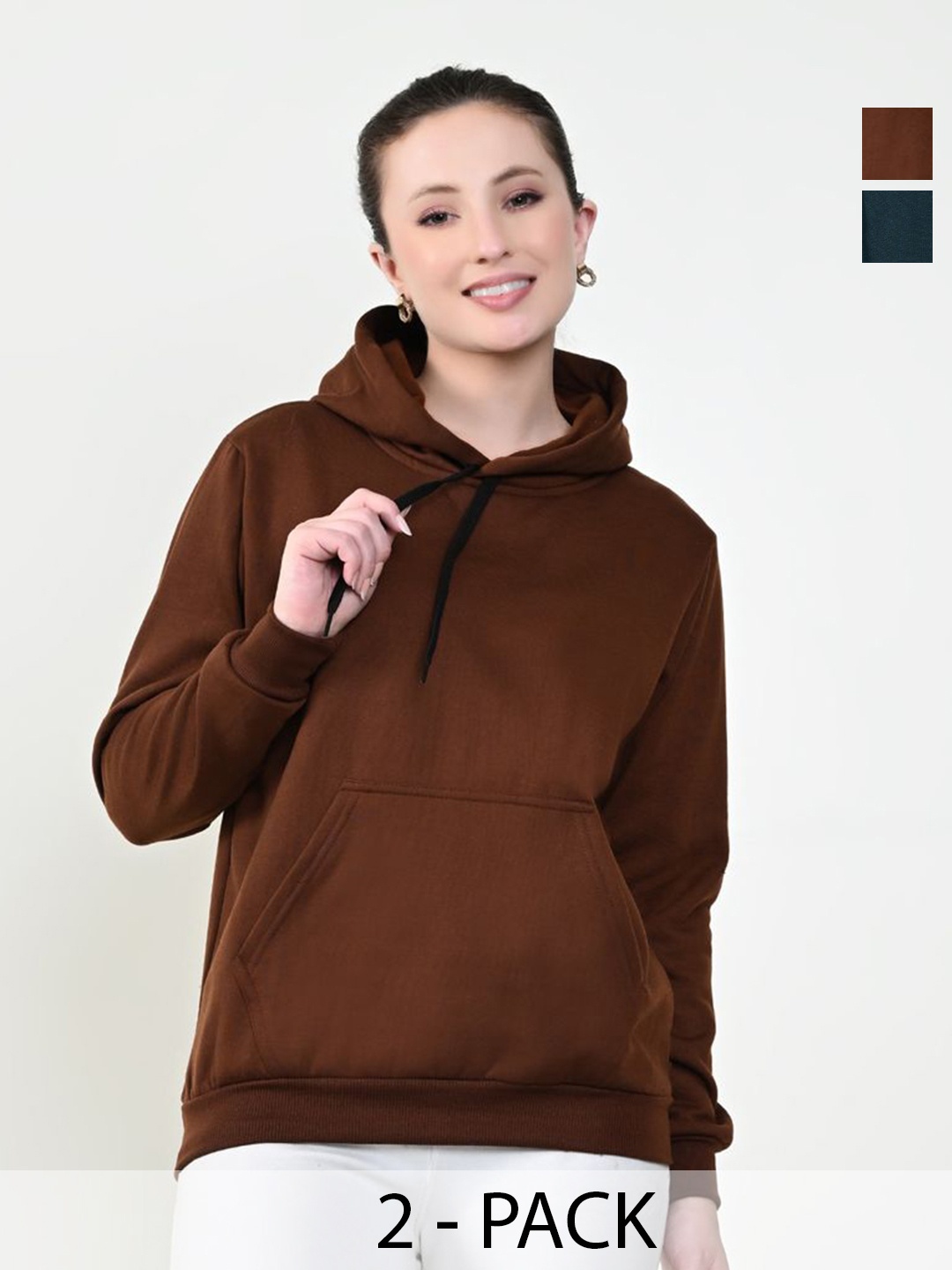 

BAESD Women Pack Of 2 Solid Hood Fleece Pullover Sweatshirts, Brown