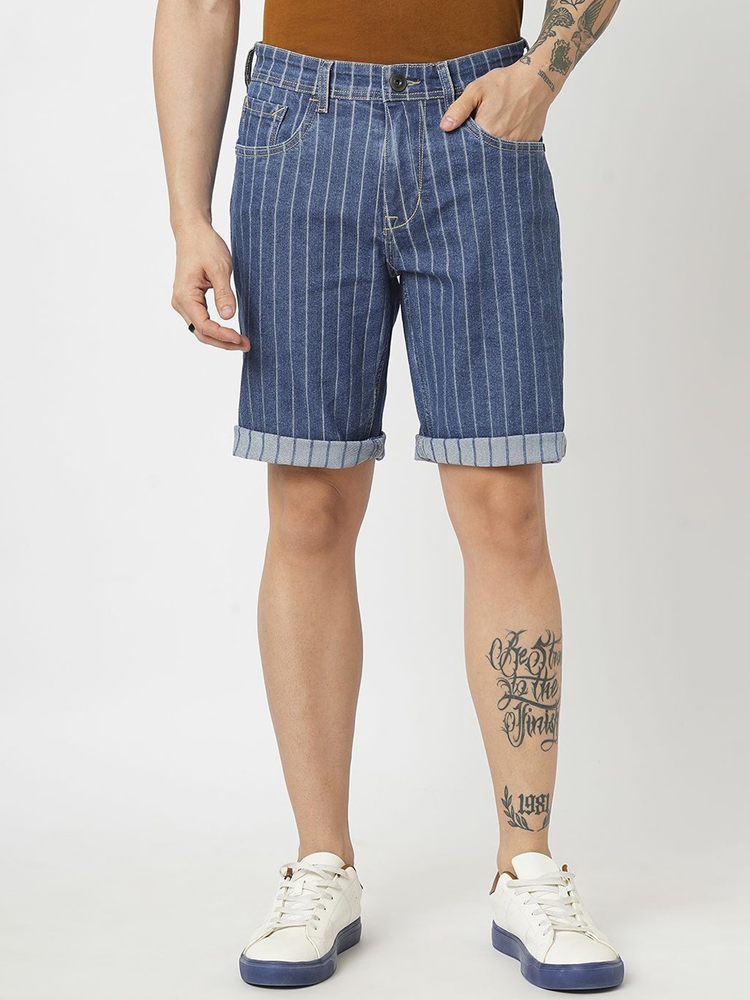 

Mast & Harbour Men Striped Slim Fit Denim Shorts, Blue