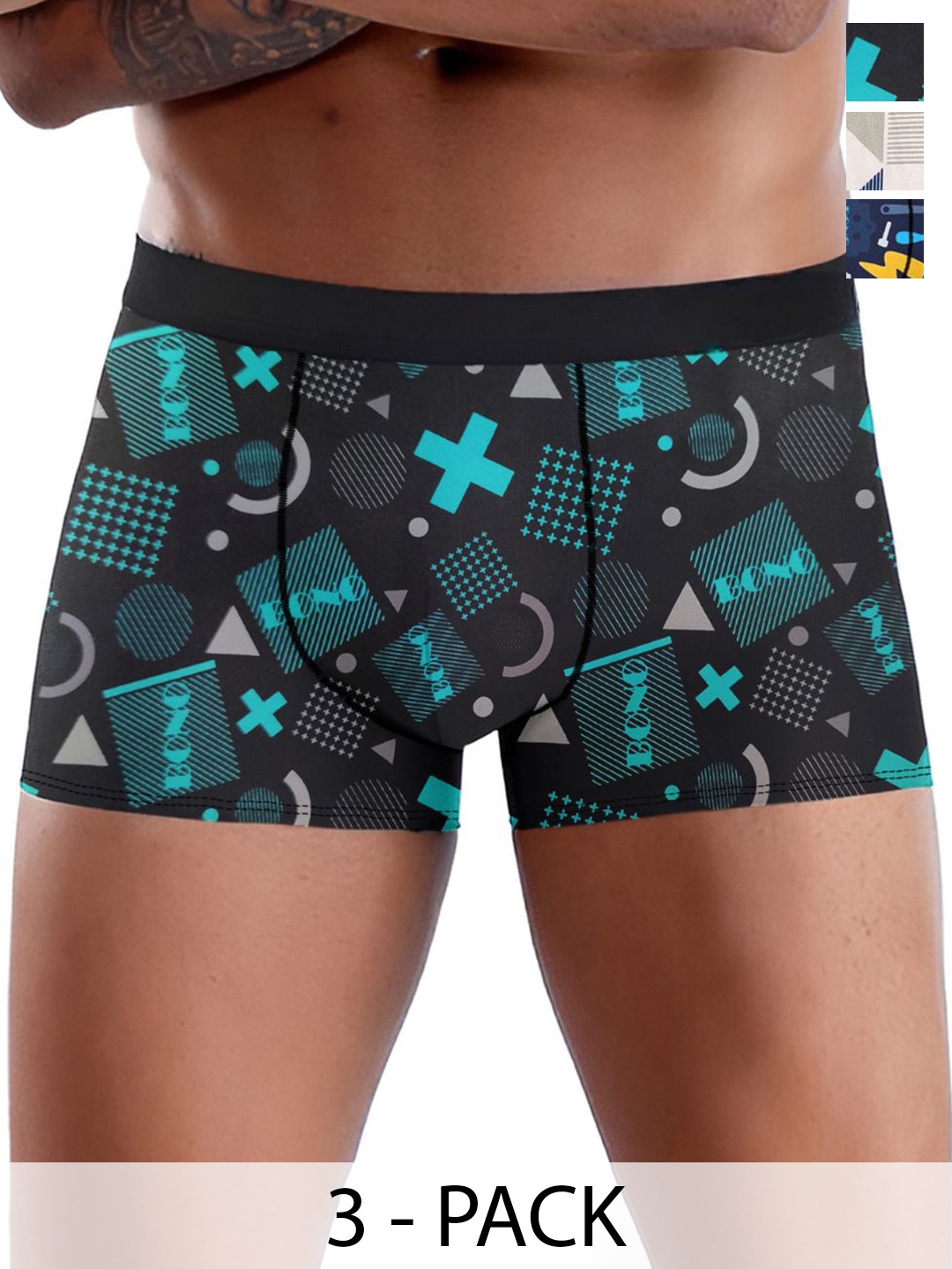 

DISPENSER Men Pack Of 3 Printed Trunks - V12-C6-C1-C2-M, Black