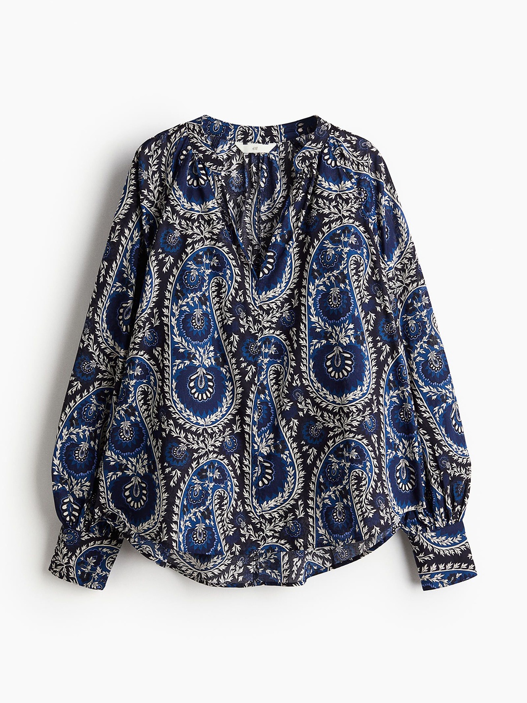 

H&M Printed Pure Cotton Balloon-Sleeved Blouse, Blue