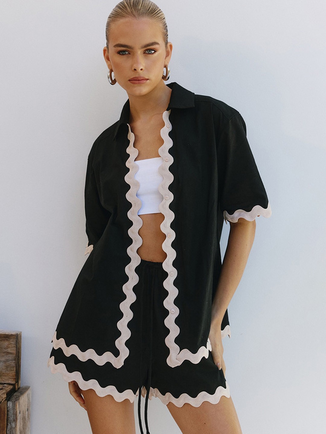 

LULU & SKY Women Shirt Collar Co-Ords, Black