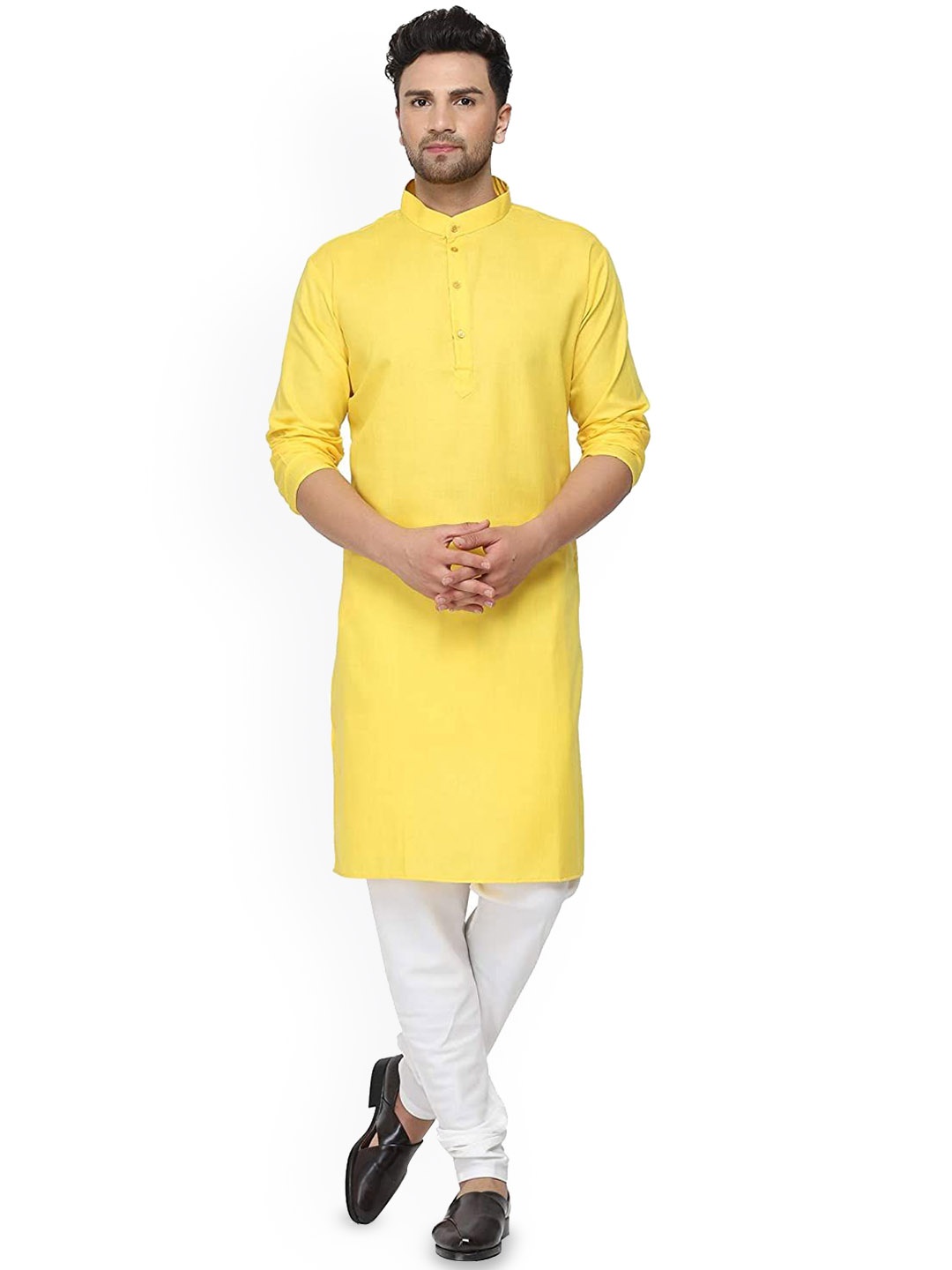 

VRUTA TRENDS Band Collar Long Sleeves Regular Straight Kurta With Churidar, Yellow