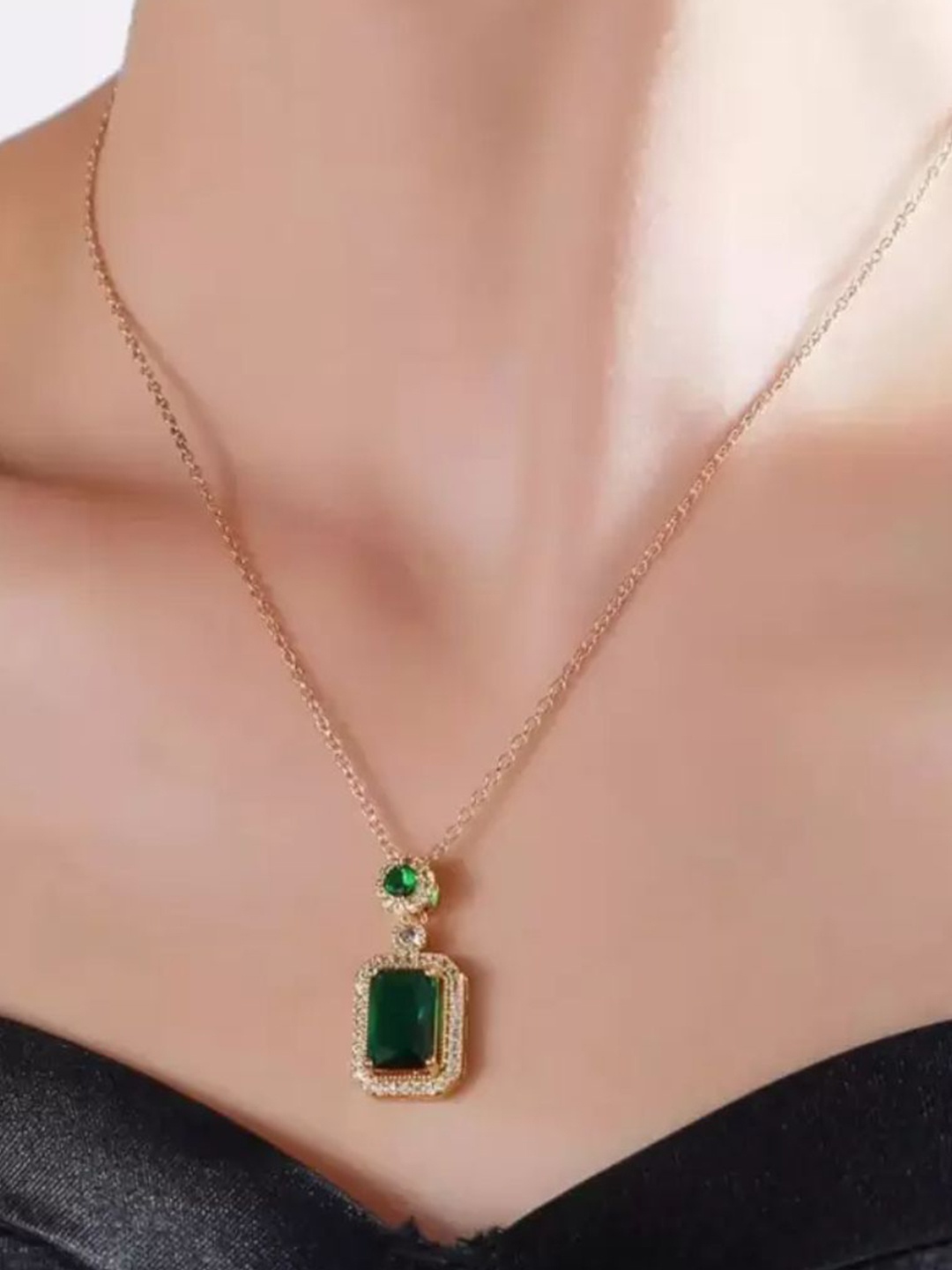 

SALTY Stone-Studded Square-Shaped Stainless Steel Pendants With Chains, Gold
