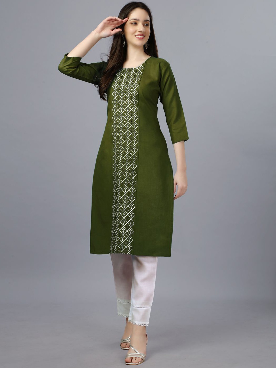 

KAYOMMI Floral Embroidered Sequinned Cotton Straight Kurta, Olive