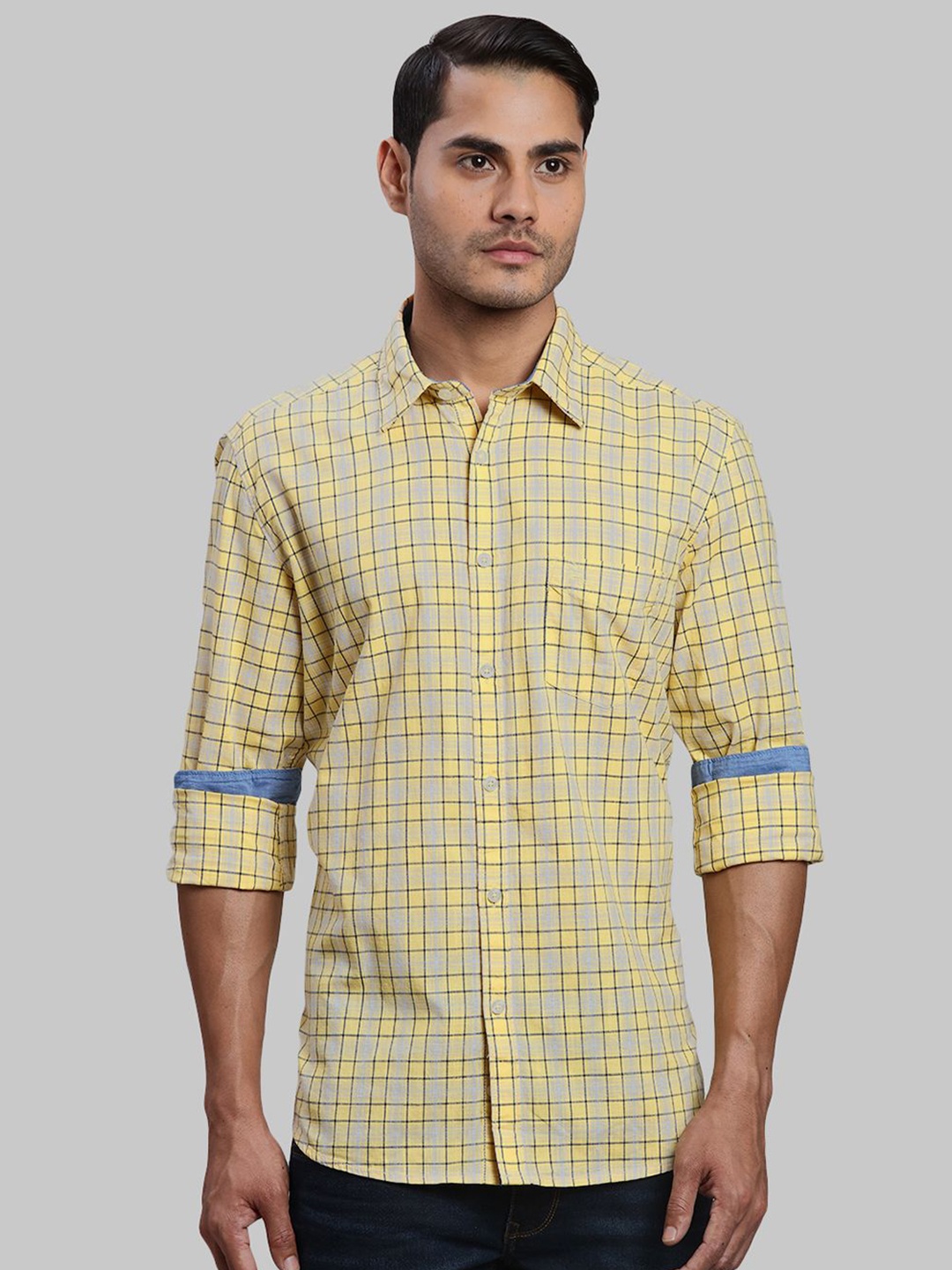 

Parx Men Cutaway Collar Checked Cotton Slim Fit Casual Shirt, Yellow