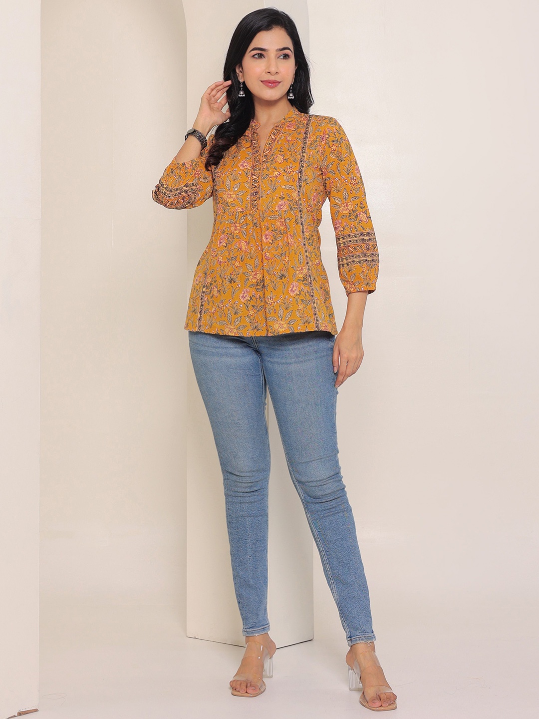 

GULAB CHAND TRENDS Women Floral Printed Mandarin Collar Cotton Top, Mustard