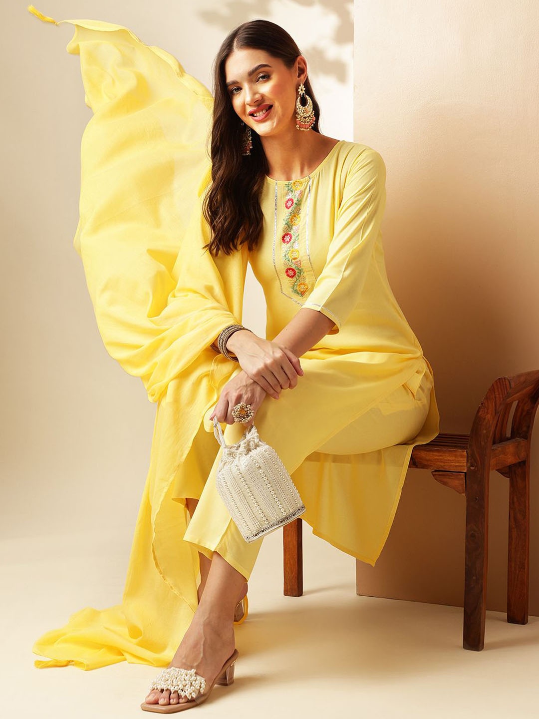 

Anouk Yellow Floral Embroidered Thread Work Straight Kurta with Trouser & Dupatta