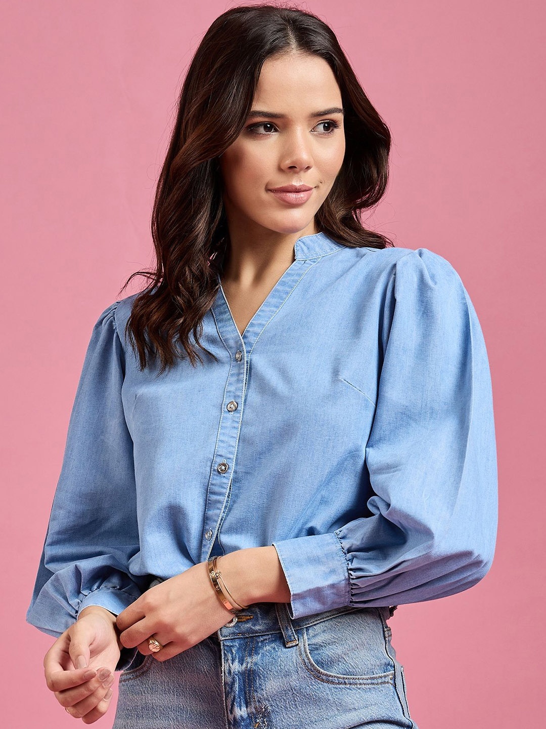 

DressBerry Women Classic Mandarin Collar Solid Denim Casual Shirt, Blue