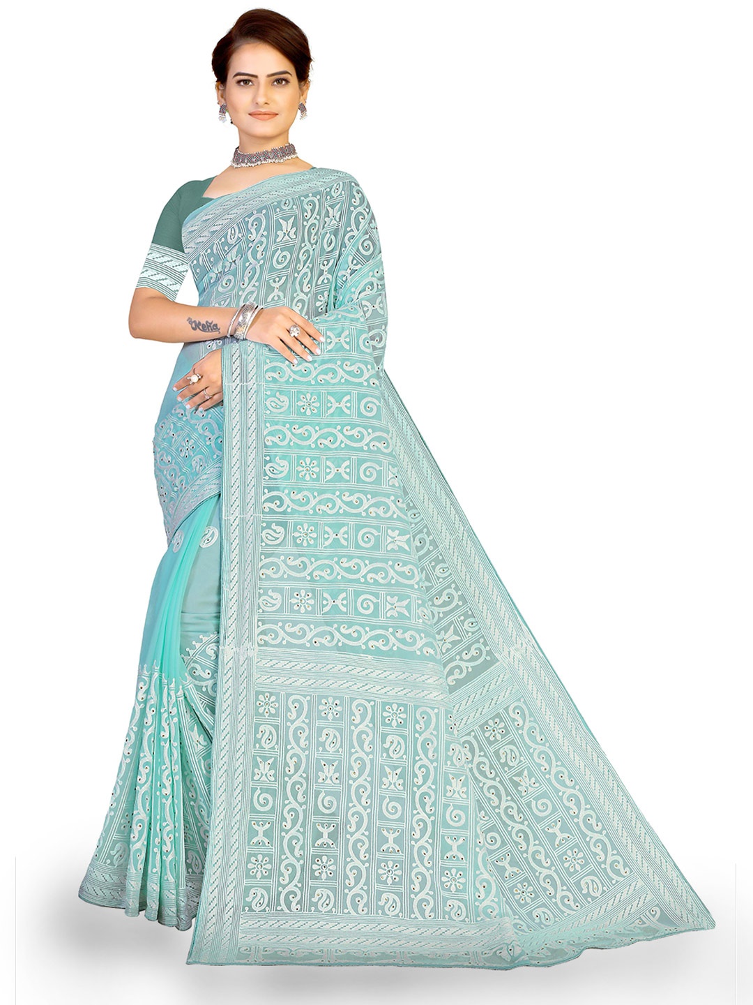 

Maroosh Ethnic Motifs Printed Saree, Turquoise blue