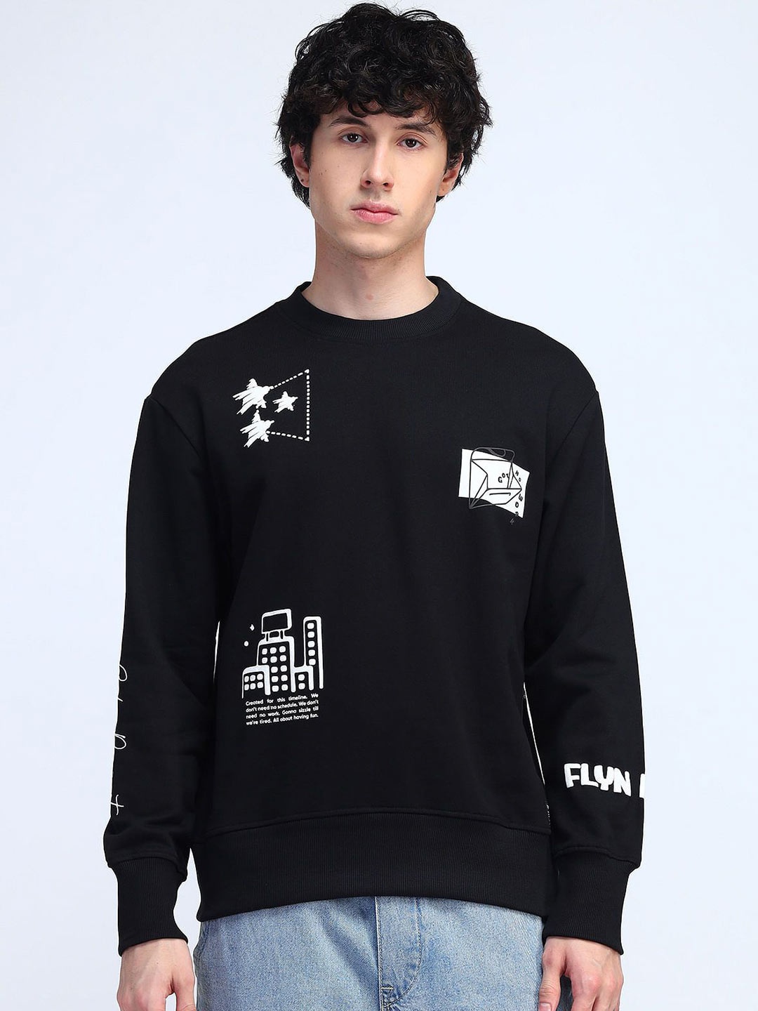 

Flying Machine Men Abstract Printed Round Neck Cotton Pullover Sweatshirt, Black