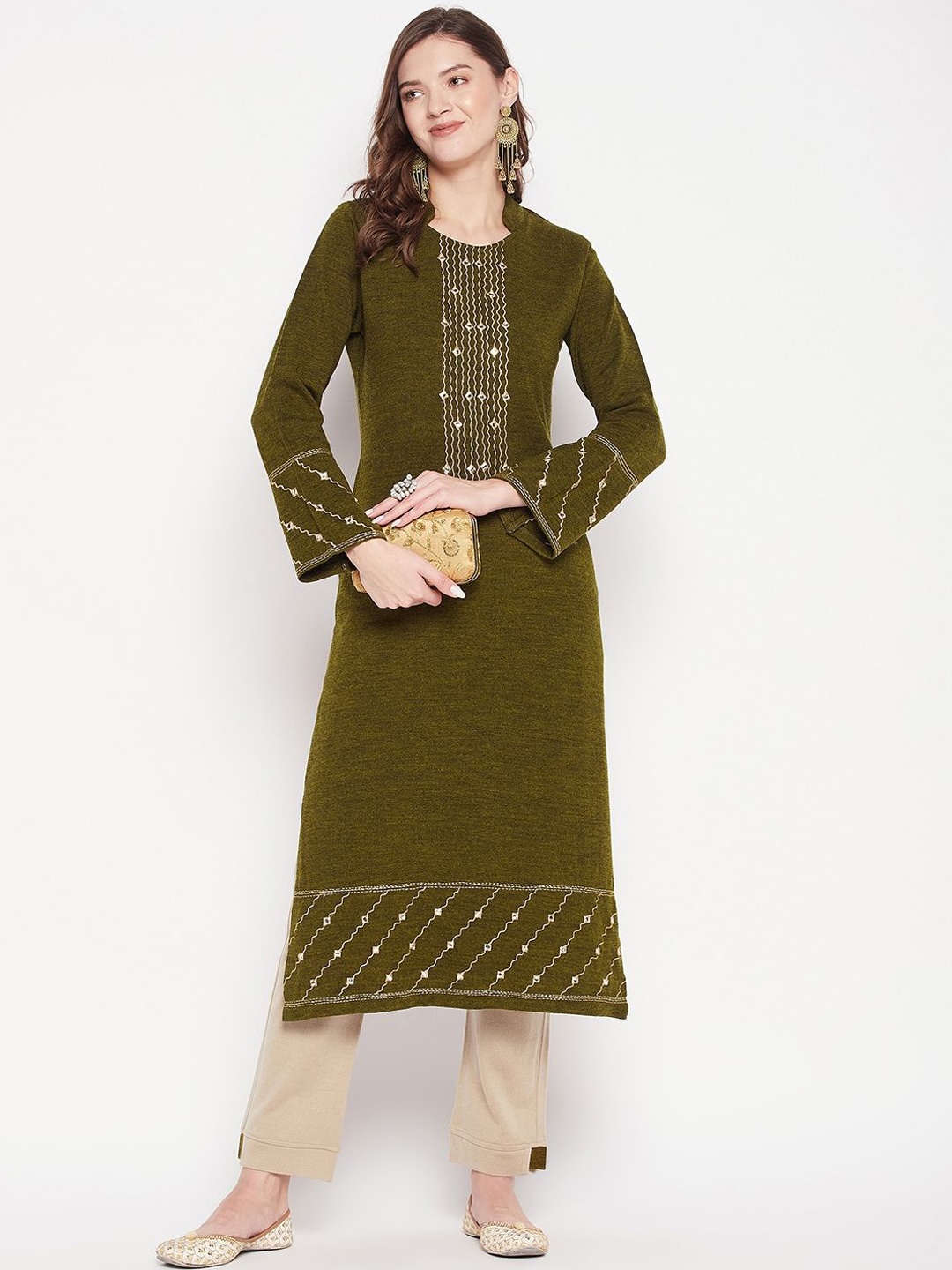 

Zigo Winter Wear Ethnic Motifs Embroidered Regular Sequinned Pure Wool Straight Kurta with Palazzos, Olive