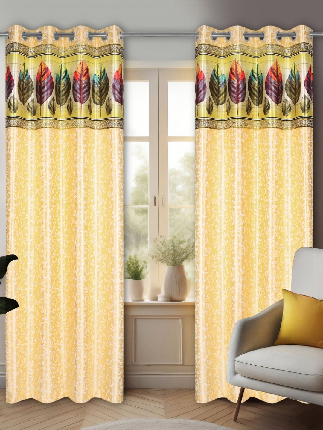 

REYANSH DECOR Yellow & White 2 Pieces Floral Room Darkening Long Door Curtains