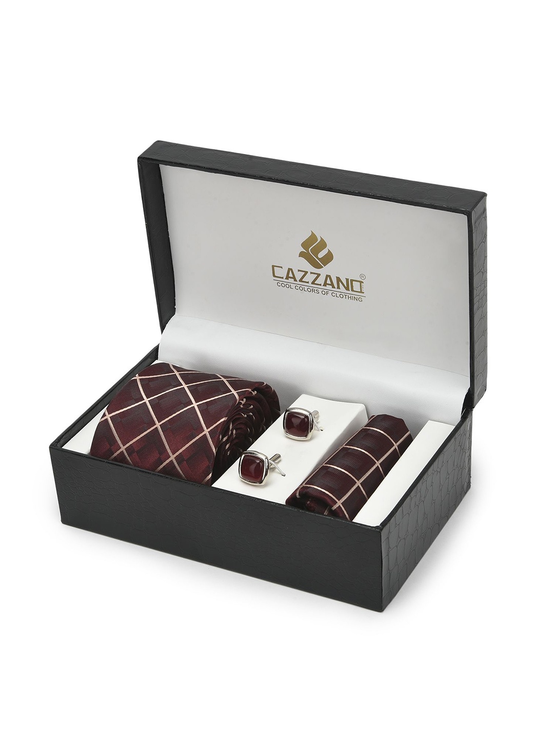 

Cazzano Men Accessory Gift Set Of Slim Tie, Cufflink & Pocket Square, Burgundy