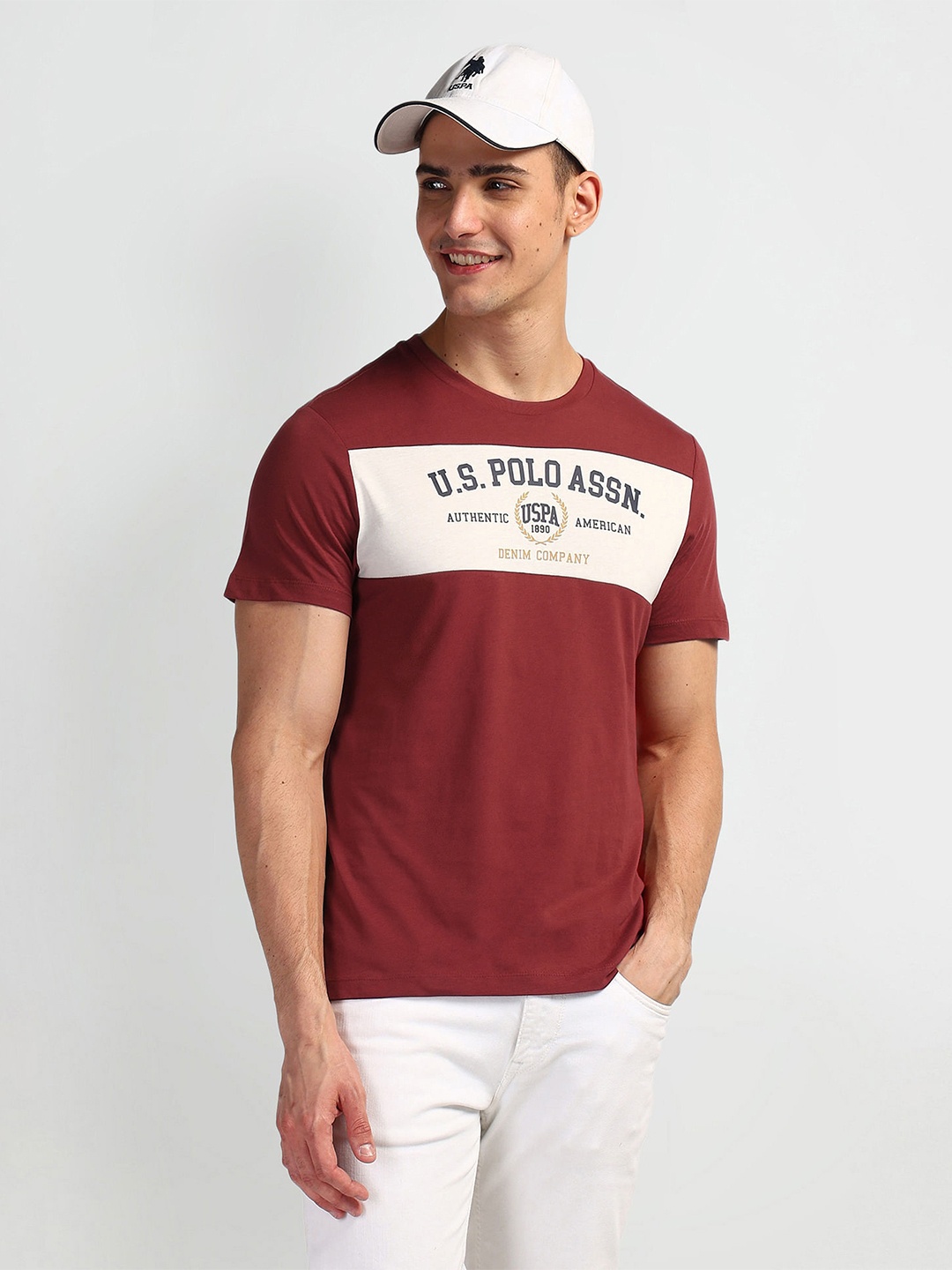 

U.S. Polo Assn. Denim Co. Pure Cotton Brand Logo Printed Slim Fit T-shirt, Maroon