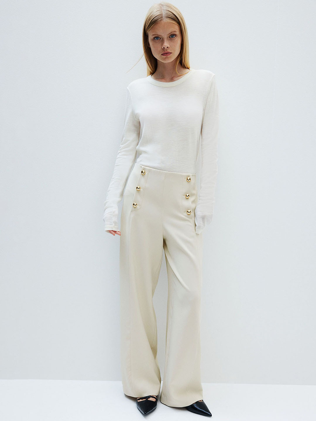 

H&M Women Button-Front Twill Trousers, Beige