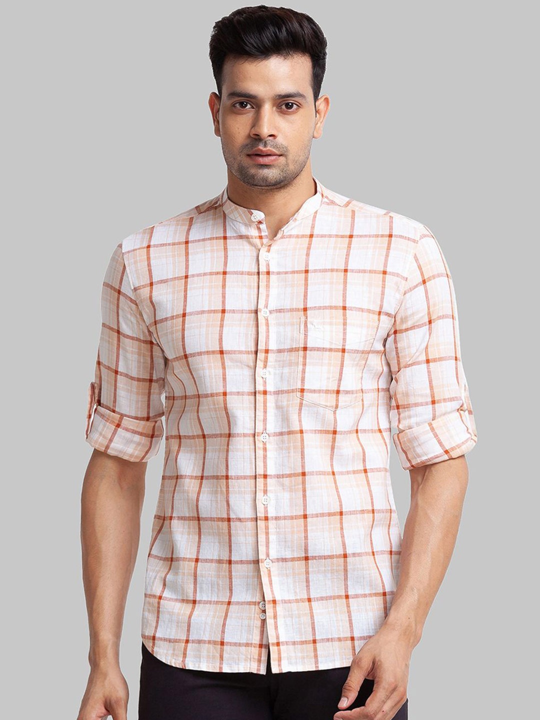 

Parx Men Mandarin Collar Windowpane Checked Cotton Linen Slim Fit Casual Shirt, Brown