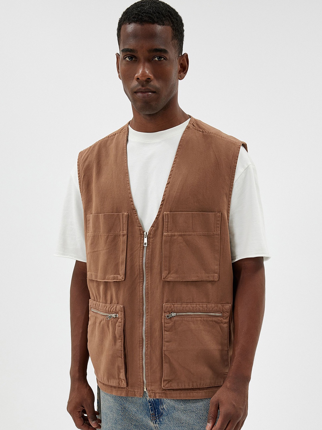 

Koton Beige V-Neck Pure Cotton Woven Waistcoat