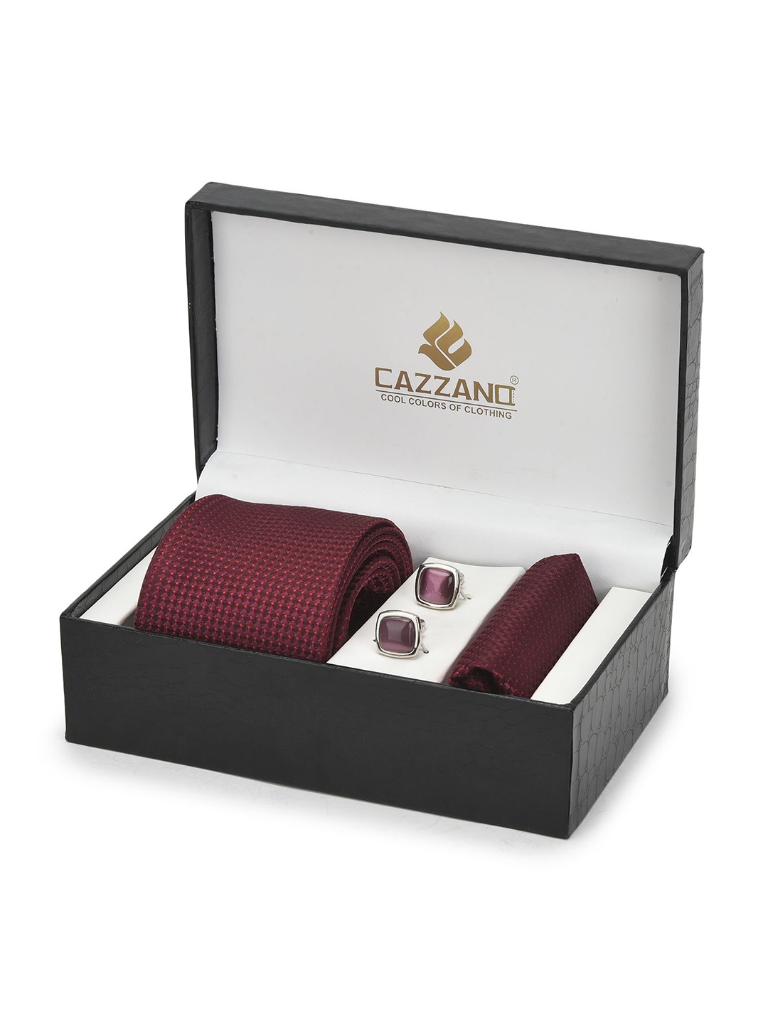 

Cazzano Men Accessory Gift Set Of Slim Tie, Cufflink & Pocket Square, Maroon