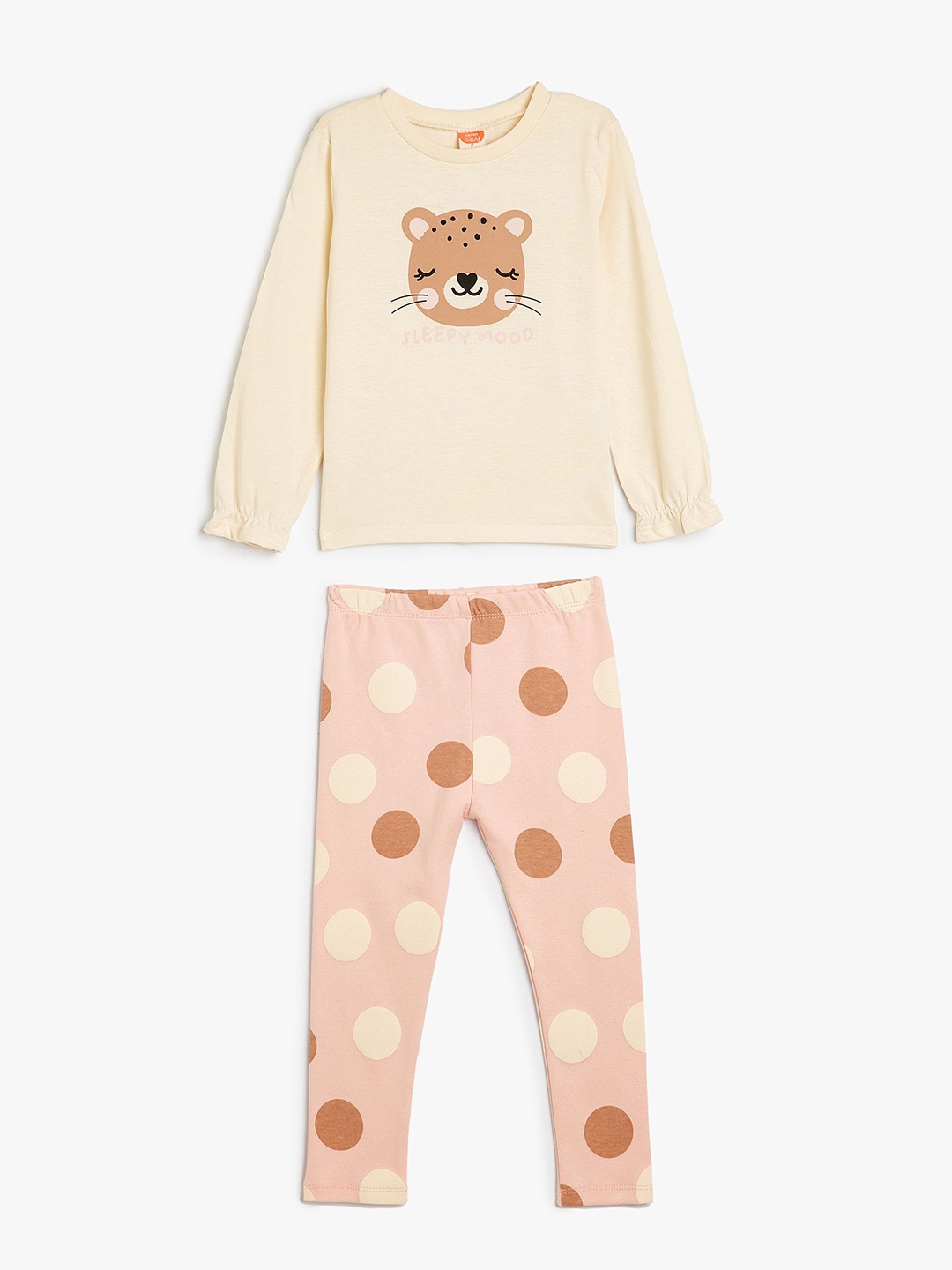 

Koton Girls Printed Round Neck Long Sleeves Pure Cotton Top With Legging, Beige