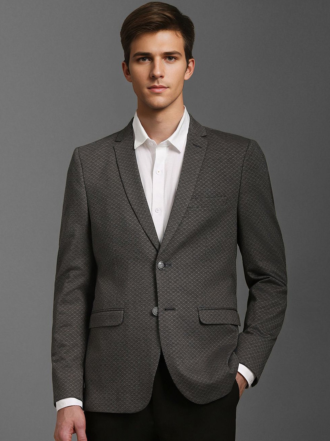 

Louis Philippe Sport Men Self Design Single-Breasted Pure Cotton Blazer, Grey