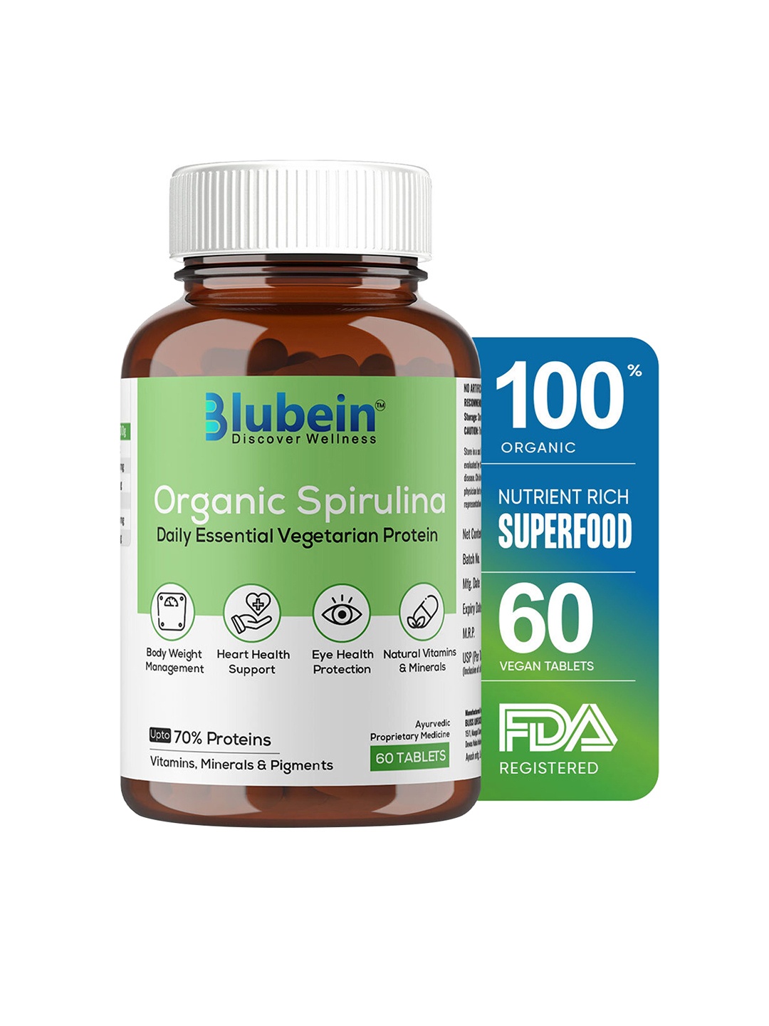 

BLUBEIN Super Greens Spirulina Tablets- 60 Tablets, Green