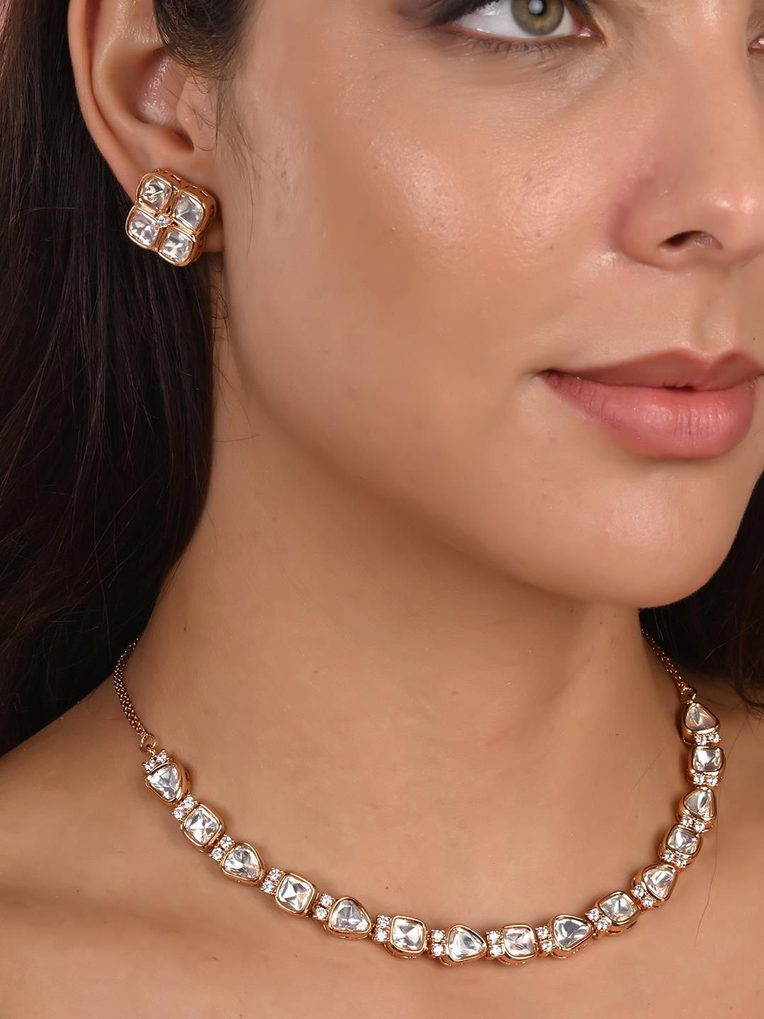 

RATNAVALI JEWELS Rose Gold Plated Kundan Stone Studded Jewellery Set