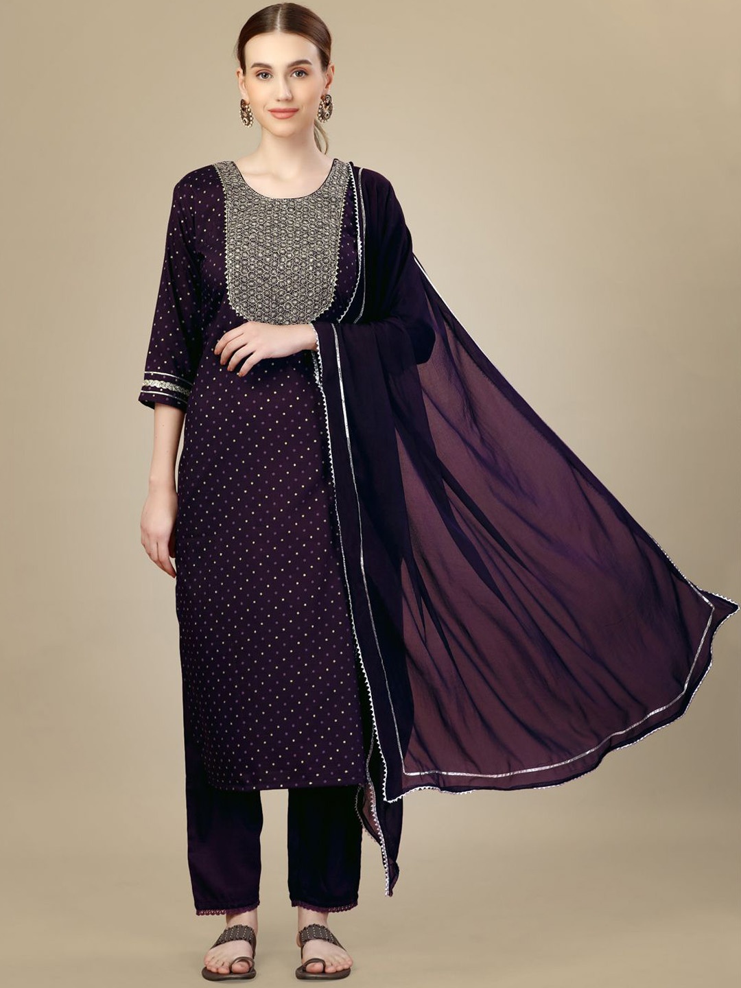 

KAYOMMI Ethnic Motifs Embroidered Regular Sequinned Straight Kurta with Churidar & Dupatta, Purple