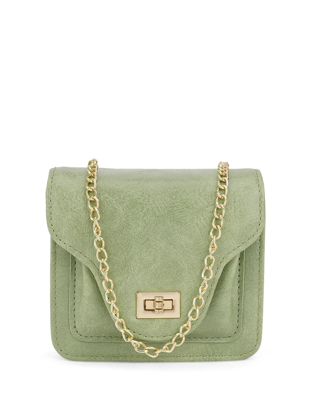 

Globus Women Textured Twistlock Small Square Party Sling Bag With Detachable Chain Strap, Olive