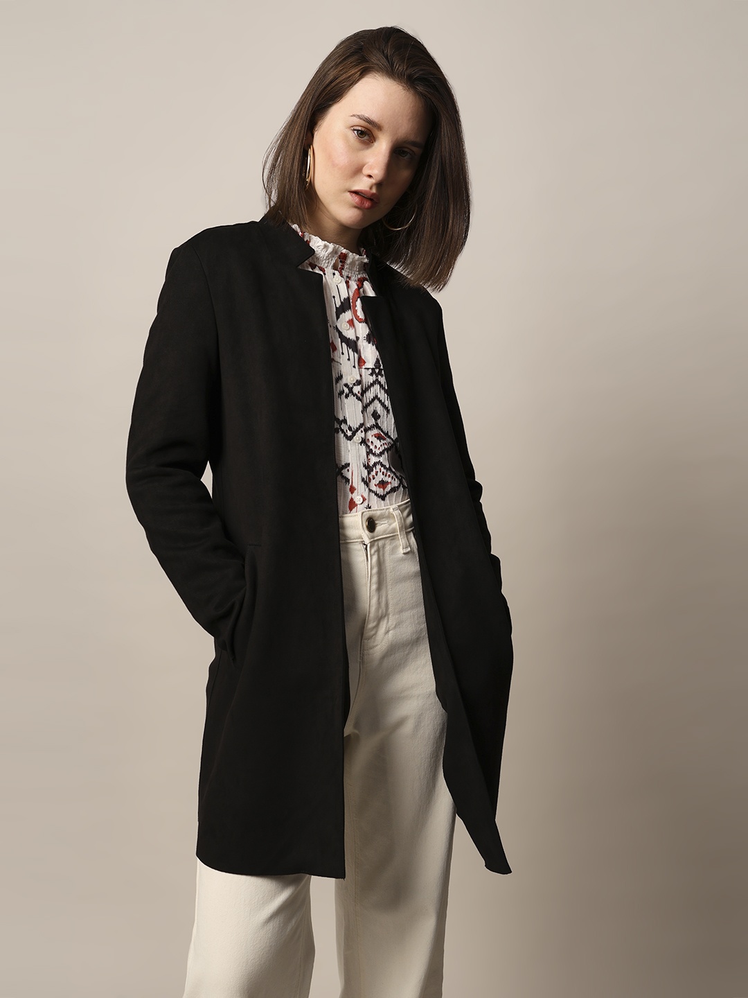 

ONLY Women Solid Stand Collar Front-Open Overcoats, Black