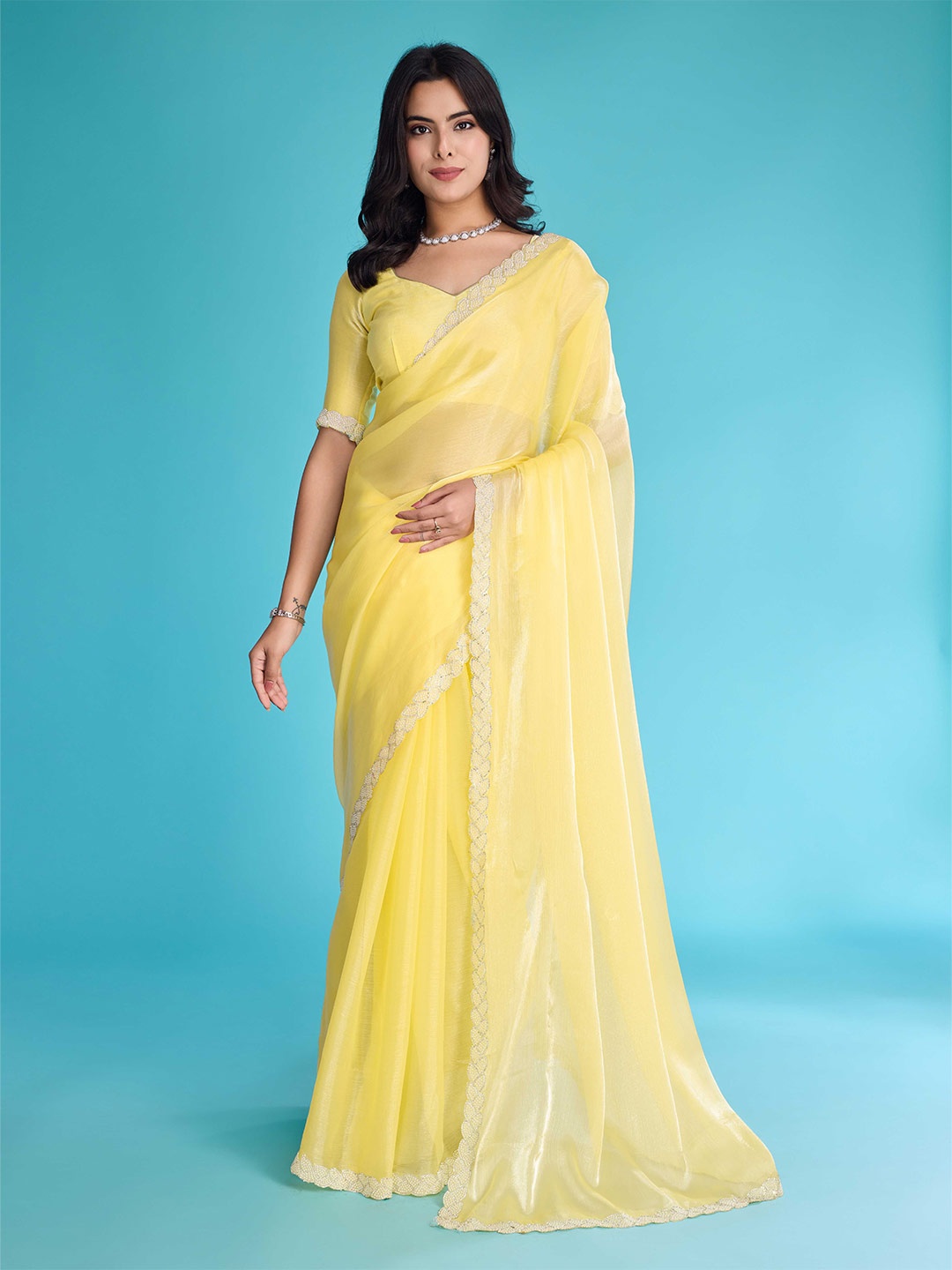 

Mitera Beads and Stones Organza Saree, Yellow