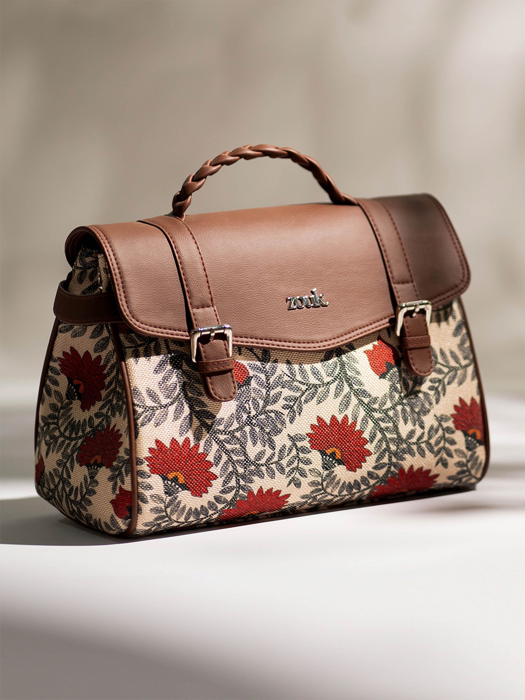 

ZOUK Women Floral Printed Satchel Bag, Cream