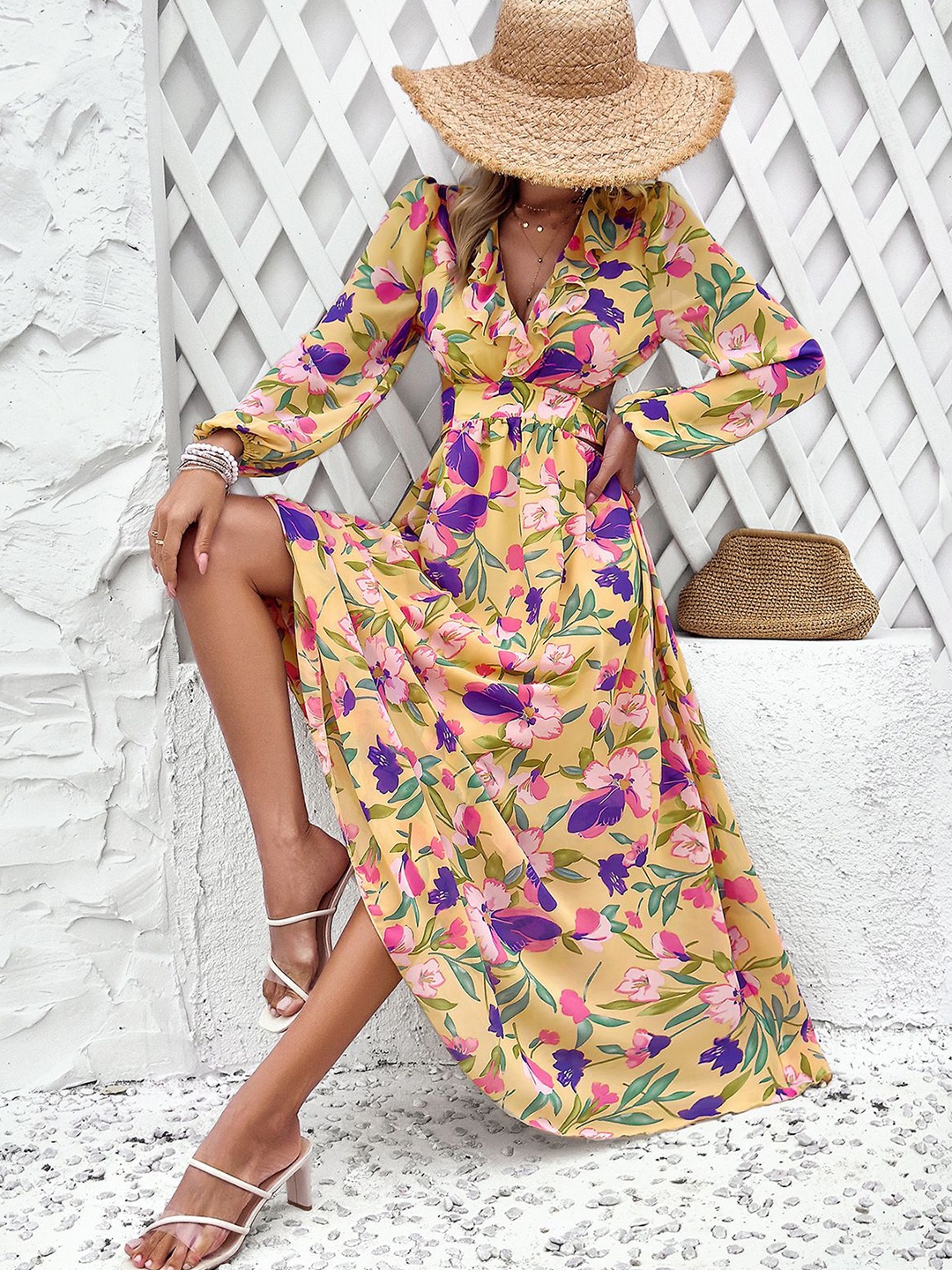 

StyleCast Women V-Neck Puff Sleeves Floral Print Fit and Flare Maxi Dress, Yellow