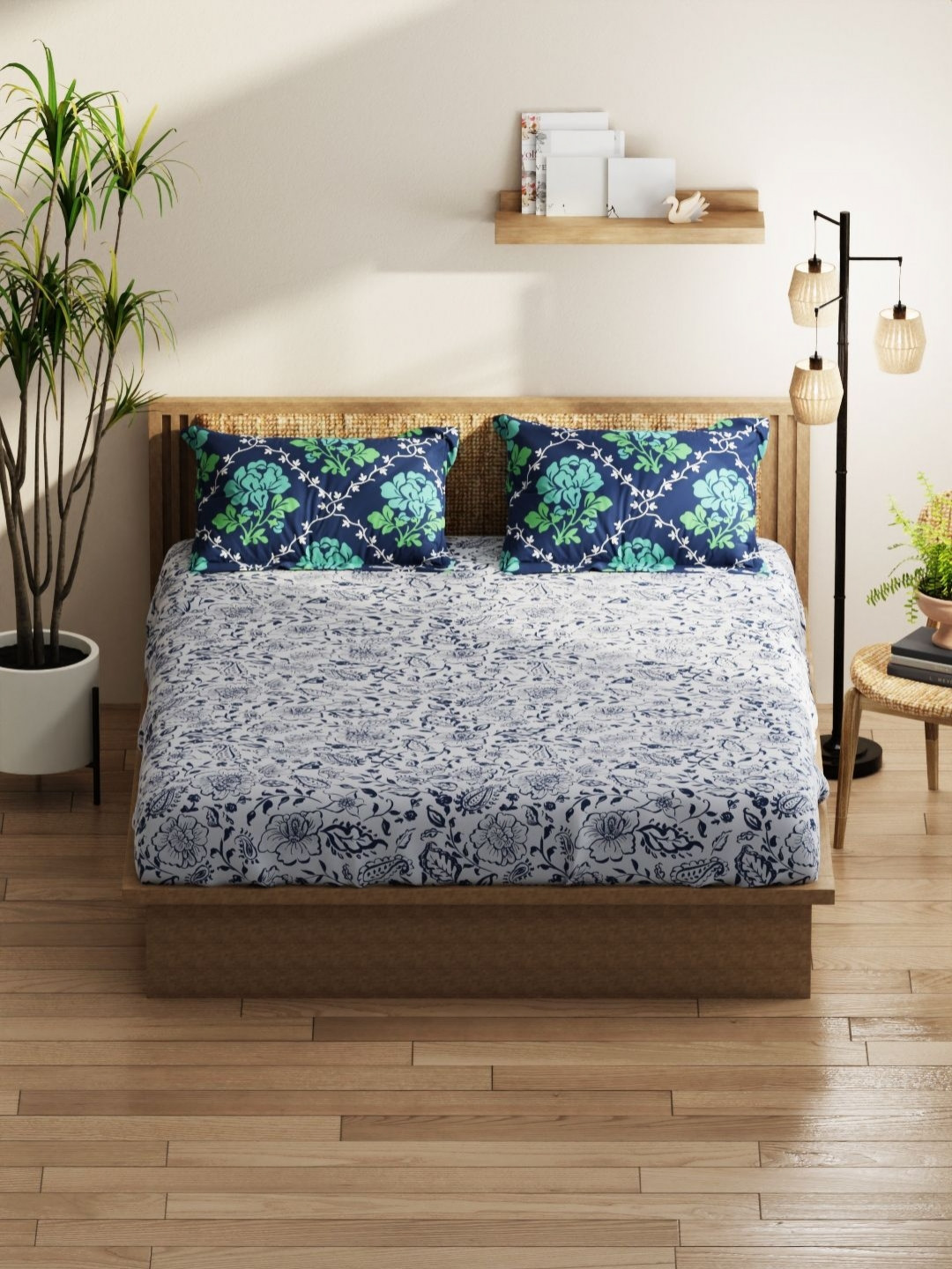

KOPA Navy Blue & White Floral 152 TC Microfiber Double Queen Bedsheet Set-2.18 m X 2.39 m