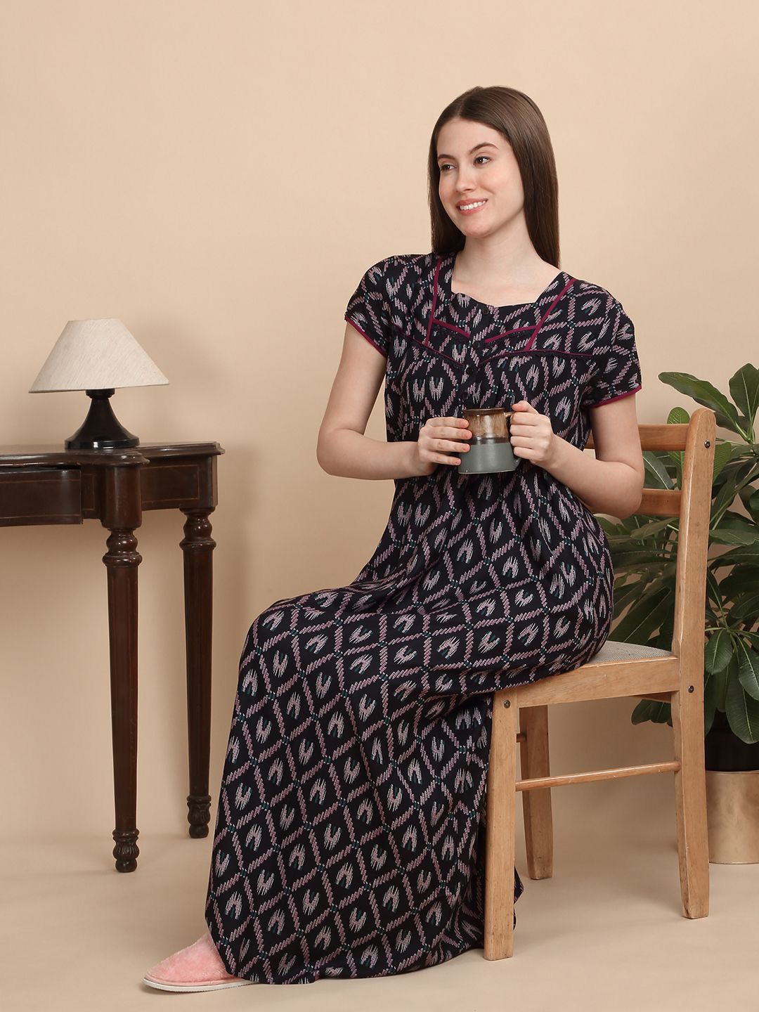 

Sweet Dreams Women Pure Cotton Printed Maxi Nightdress, Navy blue
