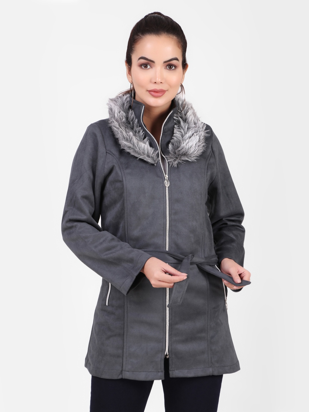 

FNOCKS Women Solid Belted Zipper Woollen OverCoat, Grey